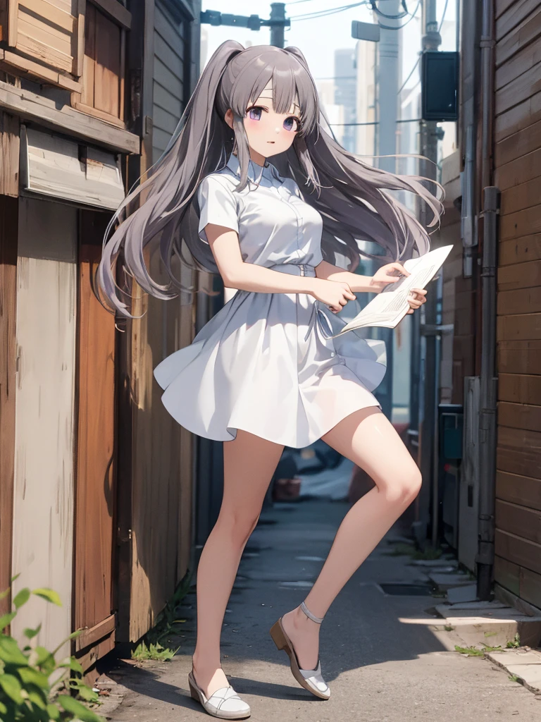 masterpiece, best quality, Kiriko Yukoku, dress, short sleeves, white dress, collared dress, looking through legs, full body,