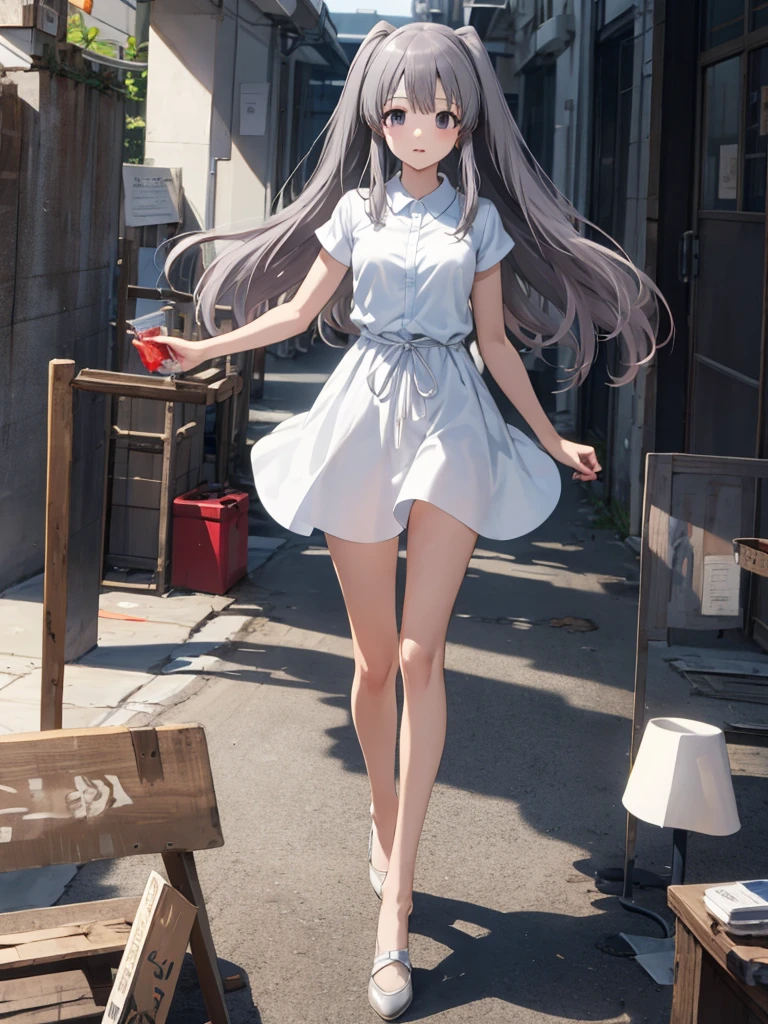 masterpiece, best quality, Kiriko Yukoku, dress, short sleeves, white dress, collared dress, looking through legs, full body,