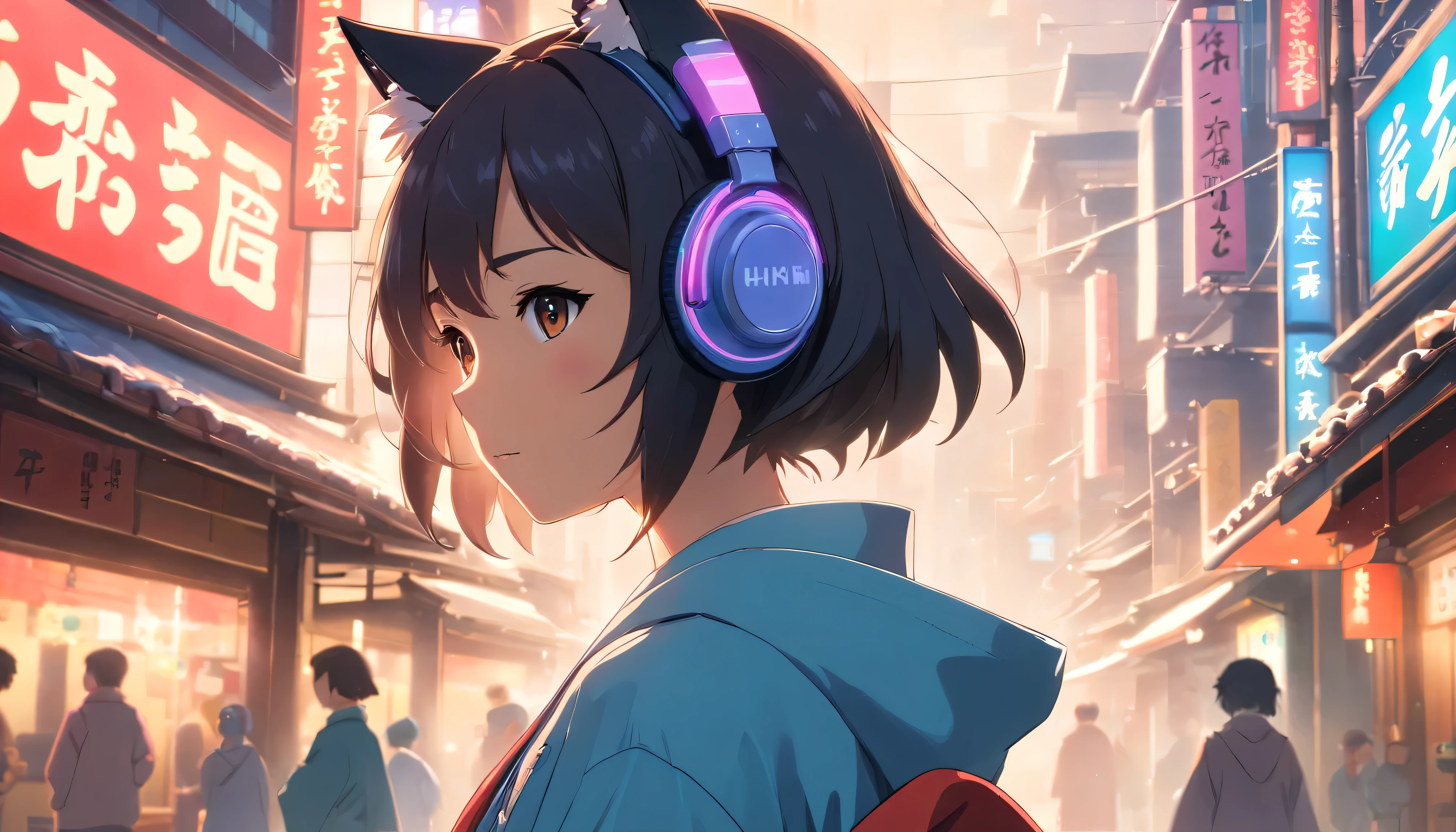 High resolution, high quality, masterpiece.An anthropomorphic cat wearing headphones and wearing traditional Japanese clothing, two ears, Japan, Temple, cinematic light, Lots of details, Realistic, 4K, cinema, amazing, rain, Neon atmosphere, gear mecha, Detailed Acrylic, Grunge, intricate complexity, Rendered in Unreal Engine, photoRealistic Hyperdetalization. Hyperrealism. Dramatic Light.japanese hip-hop