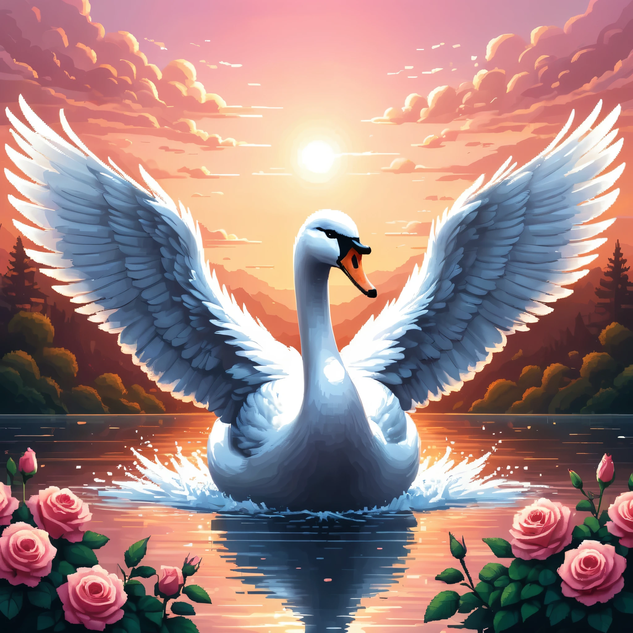 Professional cartoon pixel illustration, (masterpiece in maximum 16K resolution, superb quality, ultra detailed:1.3), front view of a grand swan with wings spread wide ((in the mid-air)), the water surface has pink roses, blurry warm background.