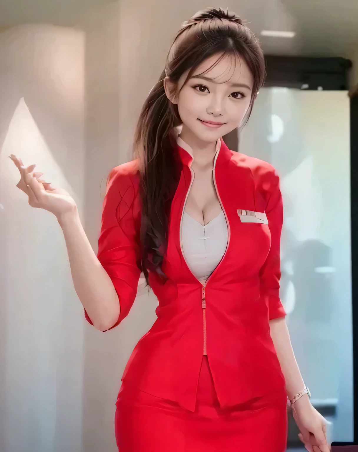 AirAsia red jacket uniform、Big Breasts、(AirAsia uniform white shirt unbuttoned）、（AirAsia uniform shirt showing big breasts）,No hair