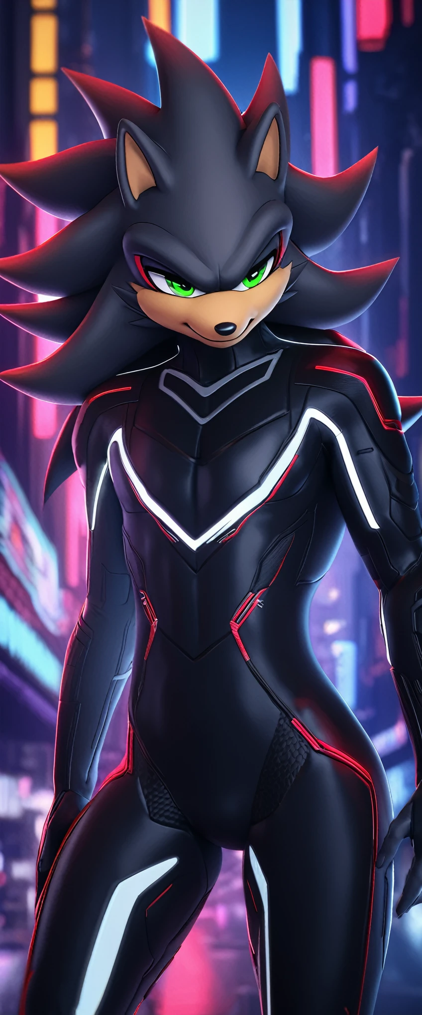 (((masterpiece:1.5, 4K, 8K))), a full body high quality digitally drawn rendered image ((by SEGA)) of A solo male tall anthro ((gunmetal grey hedgehog)), ((shadow the hedgehog style quills:0.9)) with glowing green eyes, (((tan muzzle))), wearing a (((sci-fi bodysuit))) stands in a neon-lit cyberpunk city The android's bodysuit is adorned with (((black coloring:1.5))) with (((crimson accents:1))), with intricate android seams, creating a futuristic look. the android has a seductive smirk on his face