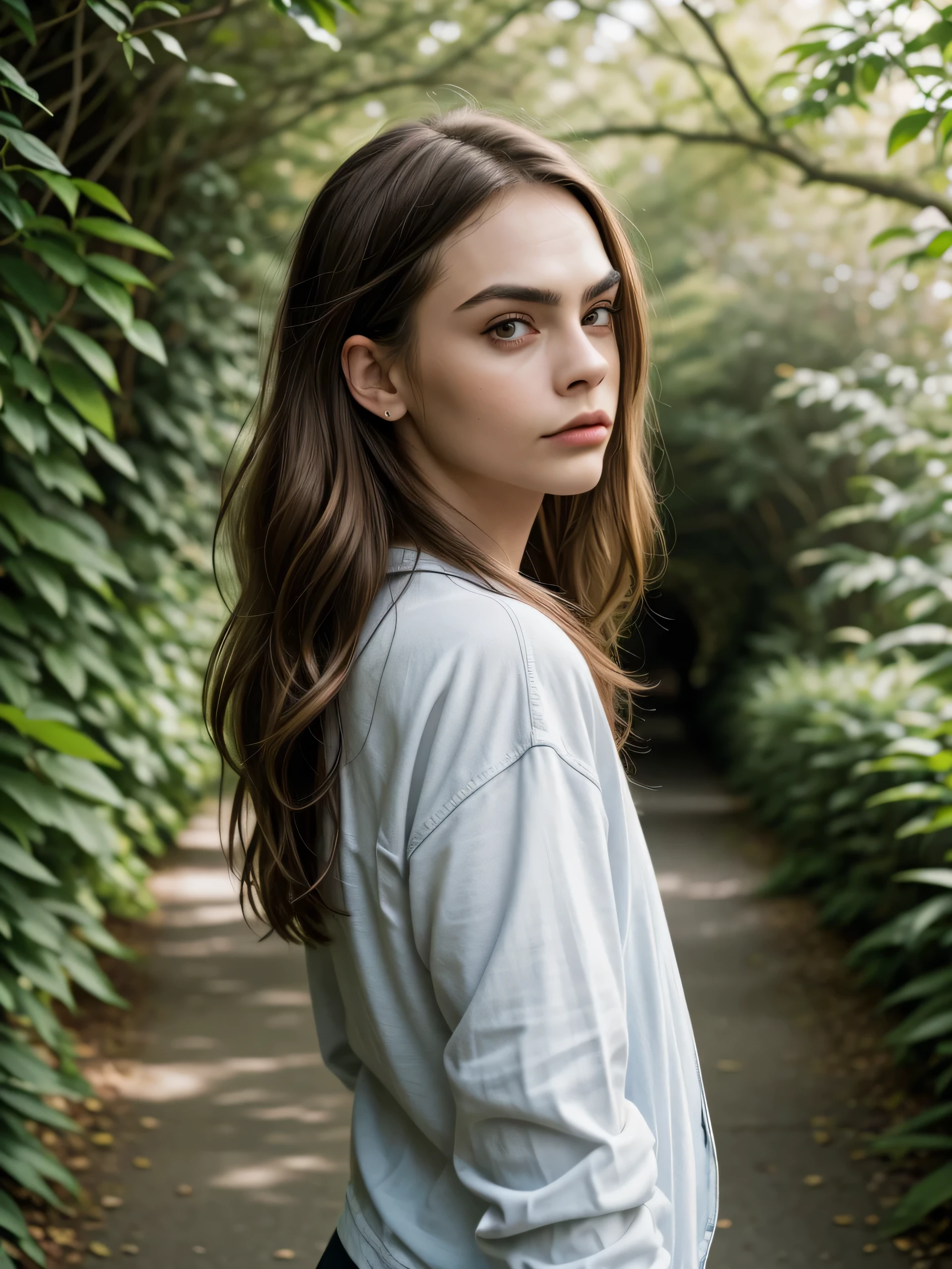 (Best quality, photorealistic, highres, reality, super realistic), Casual outdoor fashion shoot, solo, a brunette girl who looking alike Cara Delevingne, side swept hairstyle, wearing oversized crop retro jacket, delicate face, sensual facial expression, (at tree tunnel walkway), day time, natural light, leaves, calm and romance mood.