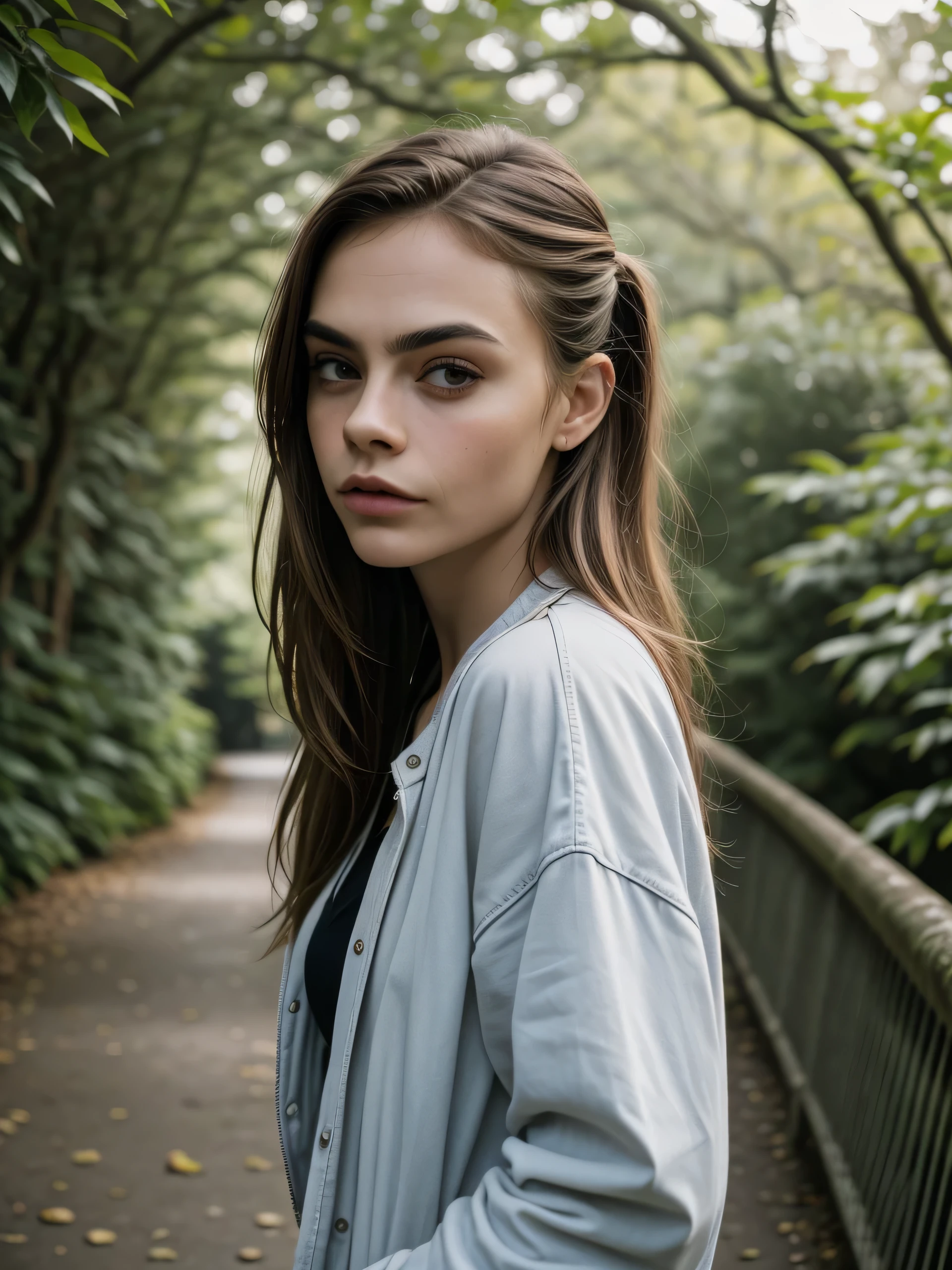 (Best quality, photorealistic, highres, reality, super realistic), Casual outdoor fashion shoot, solo, a brunette girl who looking alike Cara Delevingne, side swept hairstyle, wearing oversized crop retro jacket, delicate face, sensual facial expression, (at tree tunnel walkway), pose for photoshoot, day time, natural light, leaves, calm and romance mood.