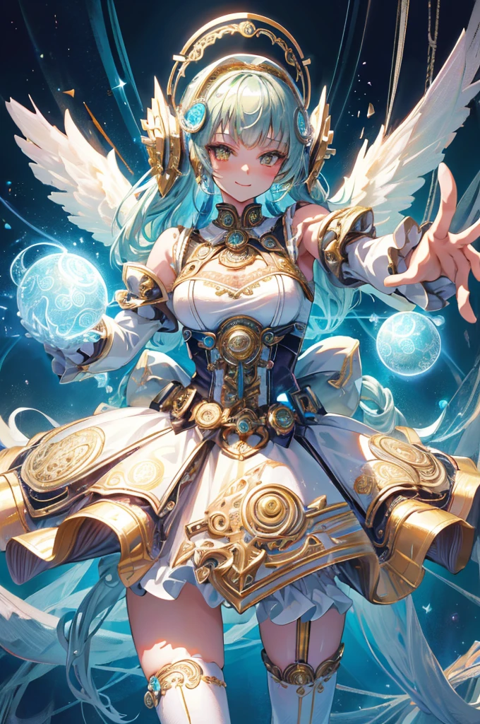 Cyborg, Girl, Beautiful girl, Cute, Sexy, Strong, Slender, Delicate, Smile, (Lolita costume), High legs, Metallic, ultra color, paisley, Headgear, mandalas, Near future, Heaven, angel, feater, wing, Helix lamp