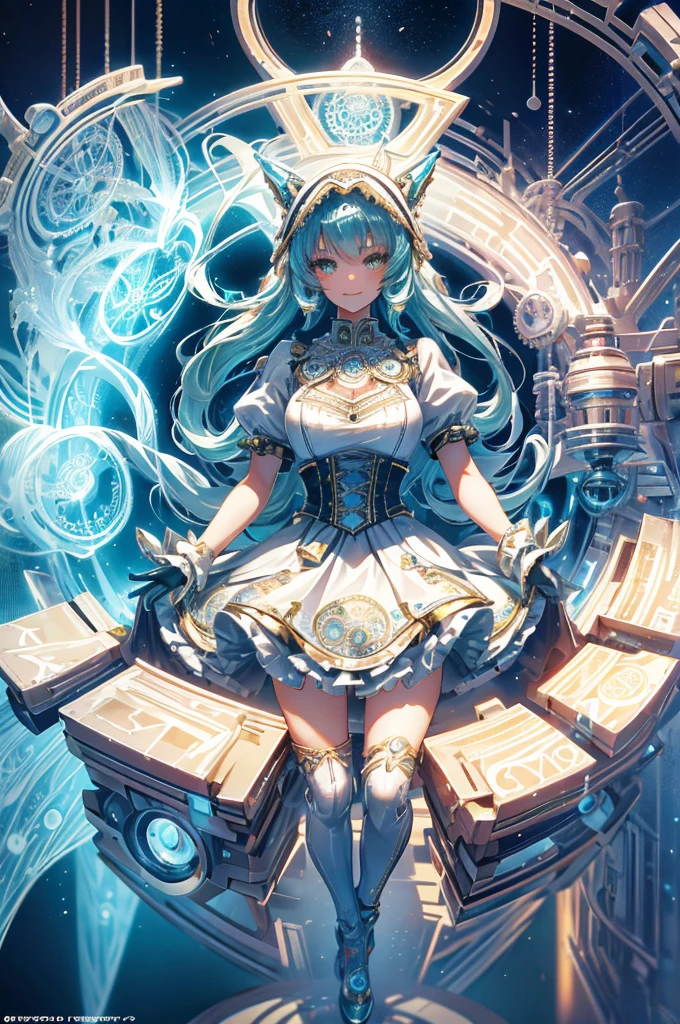 Cyborg, Girl, Beautiful girl, Cute, Sexy, Strong, Slender, Delicate, Smile, (Lolita costume), High legs, Metallic, ultra color, paisley, Headgear, mandalas, Near future, Heaven, angel, feater, wing, Helix lamp