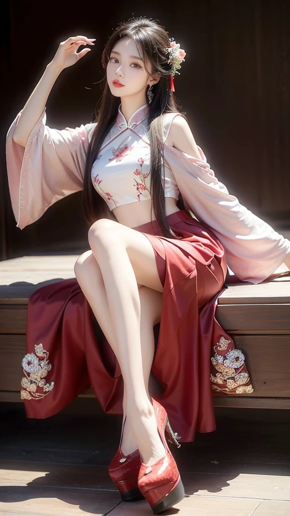 ((masterpiece)), best quality, 8k a chinese girl, detailed face, detailed eyes, beautiful, pretty, red lips, loose clothes with long, large, sleeves. Under the long skirt was a pair of high-heeled clogs, some embroidery on them,