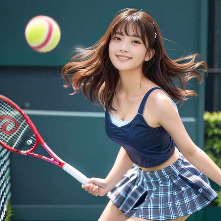 1 girl, 20 years old, (ice cream in hand, 2,) summer, on the tennis court, tree-lined afternoon, wearing suspender sportswear, pleated skirt, big, sexy,