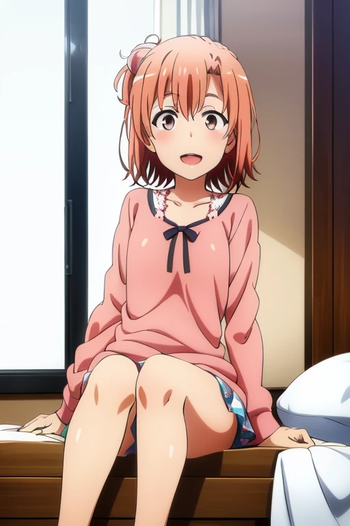 ((highest quality)), ((masterpiece)), (be familiar with), Perfect Face, indoor, Bedroom, Watching the audience,
One woman, Yuigahama Yui,
Open Mouth, Ecstatic expression, blush, smile,
Small breasts, Flat Chest, Young Girl, , , Girl,
Short Hair, Salmon-colored hair, Salmon-colored eyes, Side Pony,
Leg spread,