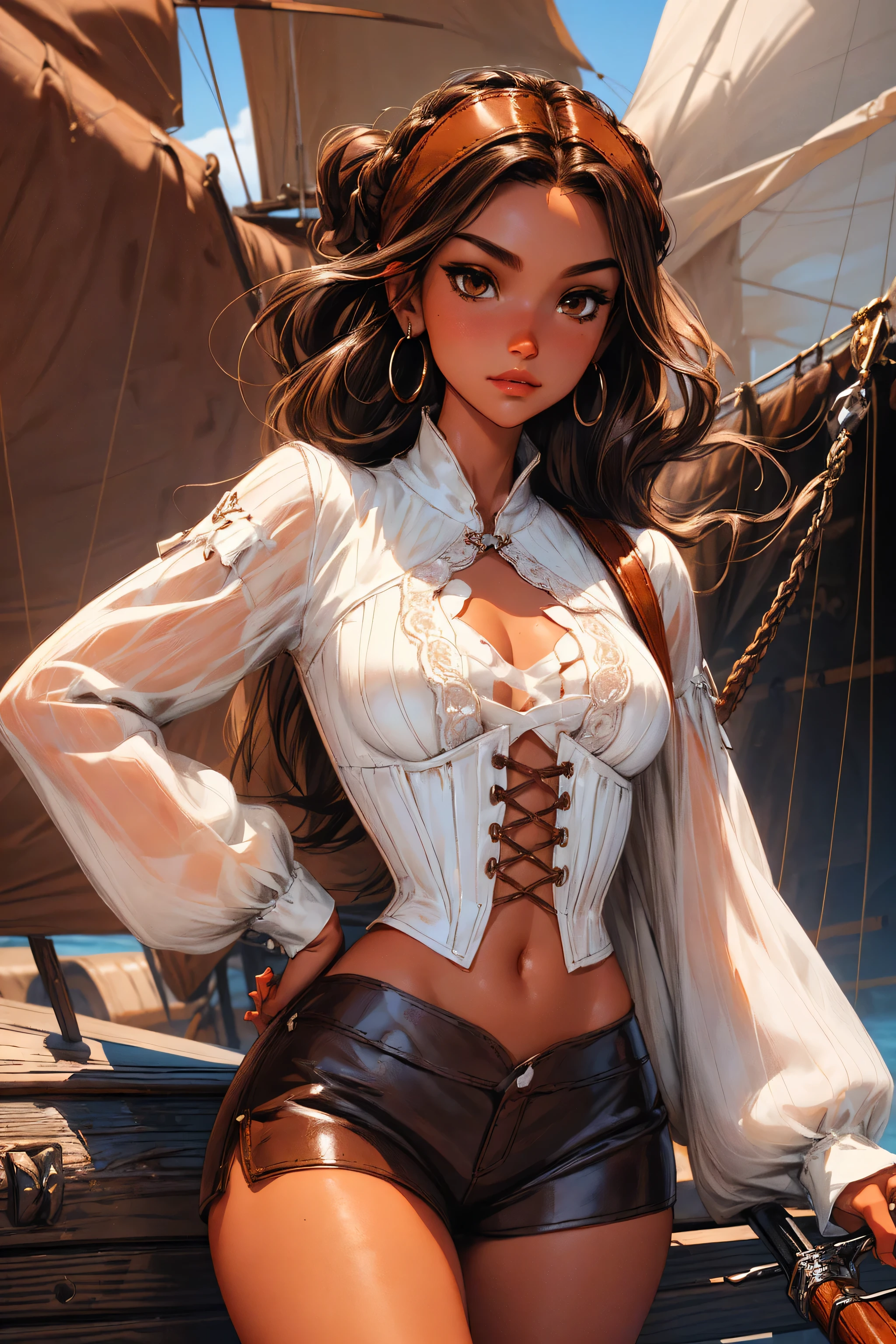 (masterpiece), best quality, expressive eyes, perfect face, (pirate ship background), (standing), (smirk), (closeup view), (1girl, vanessa alessia, dark skin, tanned skin, brown hair, wavy hairstyle, brown eyes, hourglass figure, thin body, skinny body, petite_body, medium breasts, thick thighs, long fingernails, brown plaid head wrap, white front lace blouse, long sleeve, loose fit, brown leather corset, brown leather shorts, brown boots, sheathed cutlass sword, flintlock pistol in holster, hoop earrings, miscellaneous jewelry)