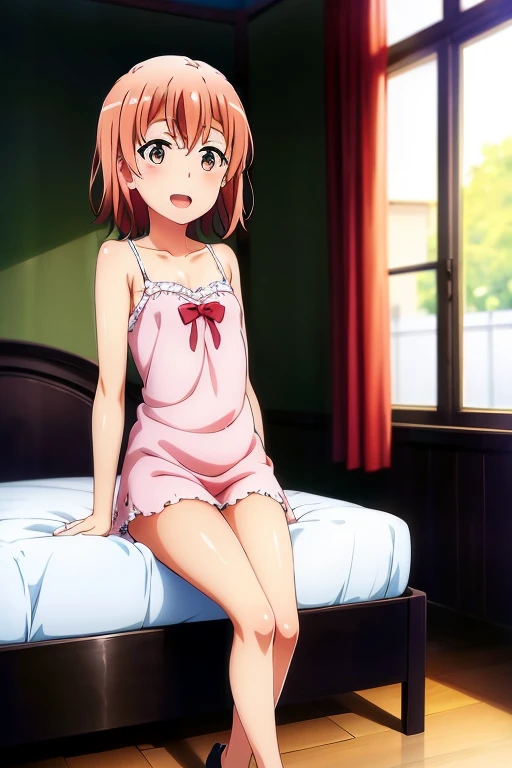 ((highest quality)), ((masterpiece)), (be familiar with), Perfect Face, indoor, Bedroom, Watching the audience,
One woman, Yuigahama Yui,
Open Mouth, Ecstatic expression, blush, smile,
Small breasts, Flat Chest, Young Girl, , , Girl,
Short Hair, Salmon-colored hair, Salmon-colored eyes, Side Pony,
Leg spread,