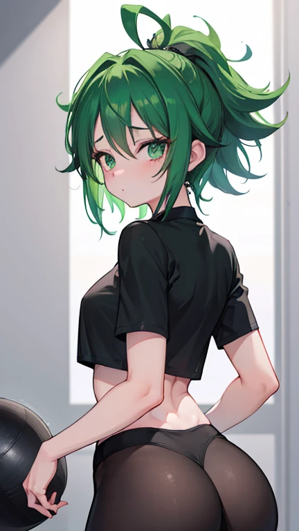 1 girl, izuku midorya as a girl, deku genderswap, female izuku midoria, genderswap, female/girl/woman, feminine features, feminine body, great curves, great ass, thick ass, good butt, nice butt figure, cute, hot, short green hair, green hair, short hair, green eyes, wearing(black flex leggings and cropped shirt), gym black flex leggings woman, matt black flex leggings, matt-black leggings, flex leggings, cropped shirt, ultrasharp, 4k picture, highly detailed, beautiful