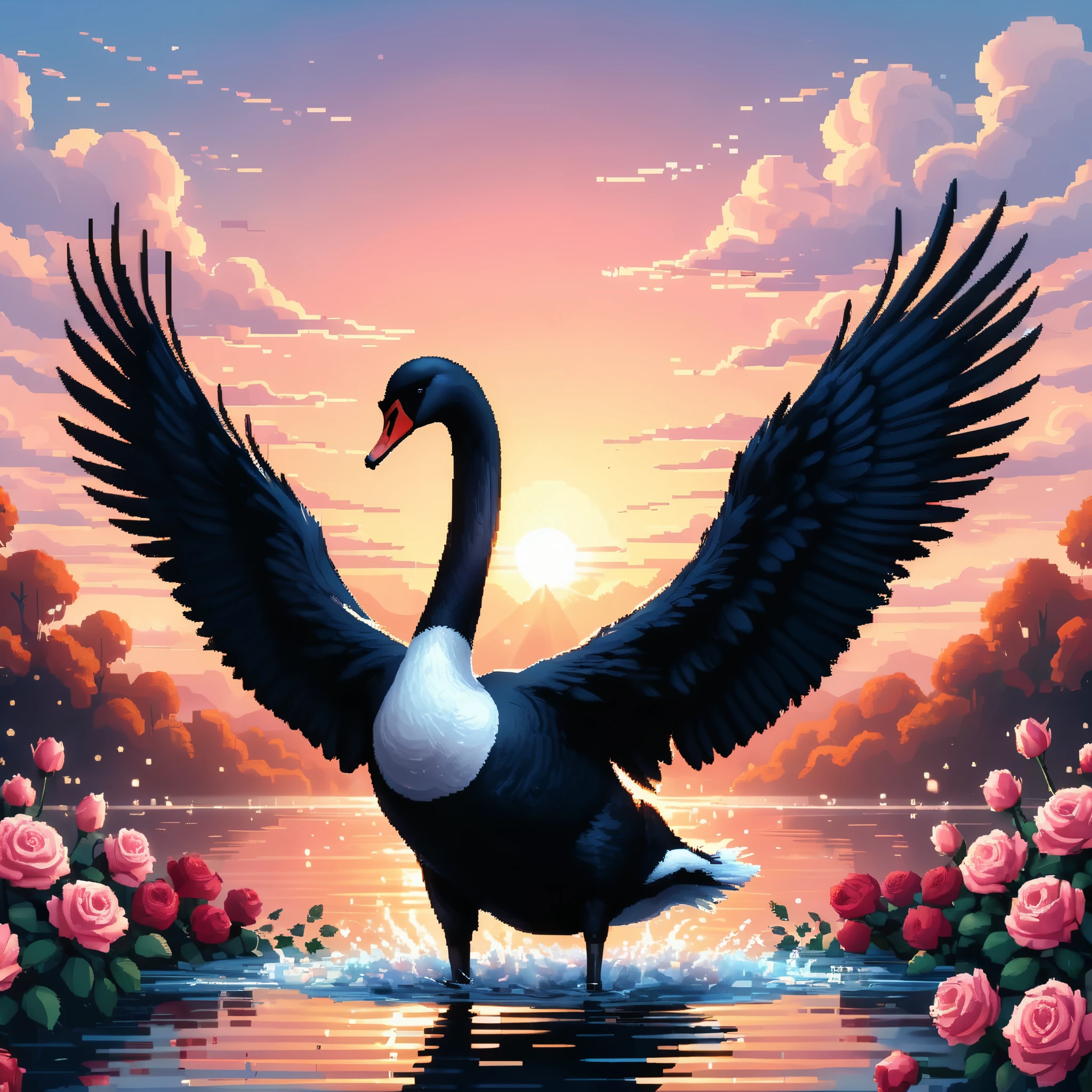 Professional cartoon pixel illustration, (masterpiece in maximum 16K resolution, superb quality, ultra detailed:1.3), front view of a grand black swan with wings spread wide ((in the mid-air)), the water surface has pink roses, blurry warm background.
