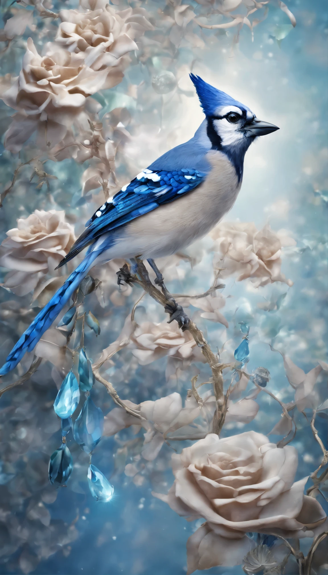 All expressed with jewels, the arrival of spring, various beautiful blue jay, angles looking up from below, various jewels falling from the sky, wonderful and beautiful superb view, slightly hazy, fantastic, high resolution, 8K, (best quality, highres, realistic:1.37), shiny metallic flowers, intricate and delicate petals, reflective surfaces, vibrant colors, intricate details, close-up view, surreal garden, surreal beauty, dreamy atmosphere, fine art, abstract botanicals, metallic sculpture, contrasting textures, ethereal glow