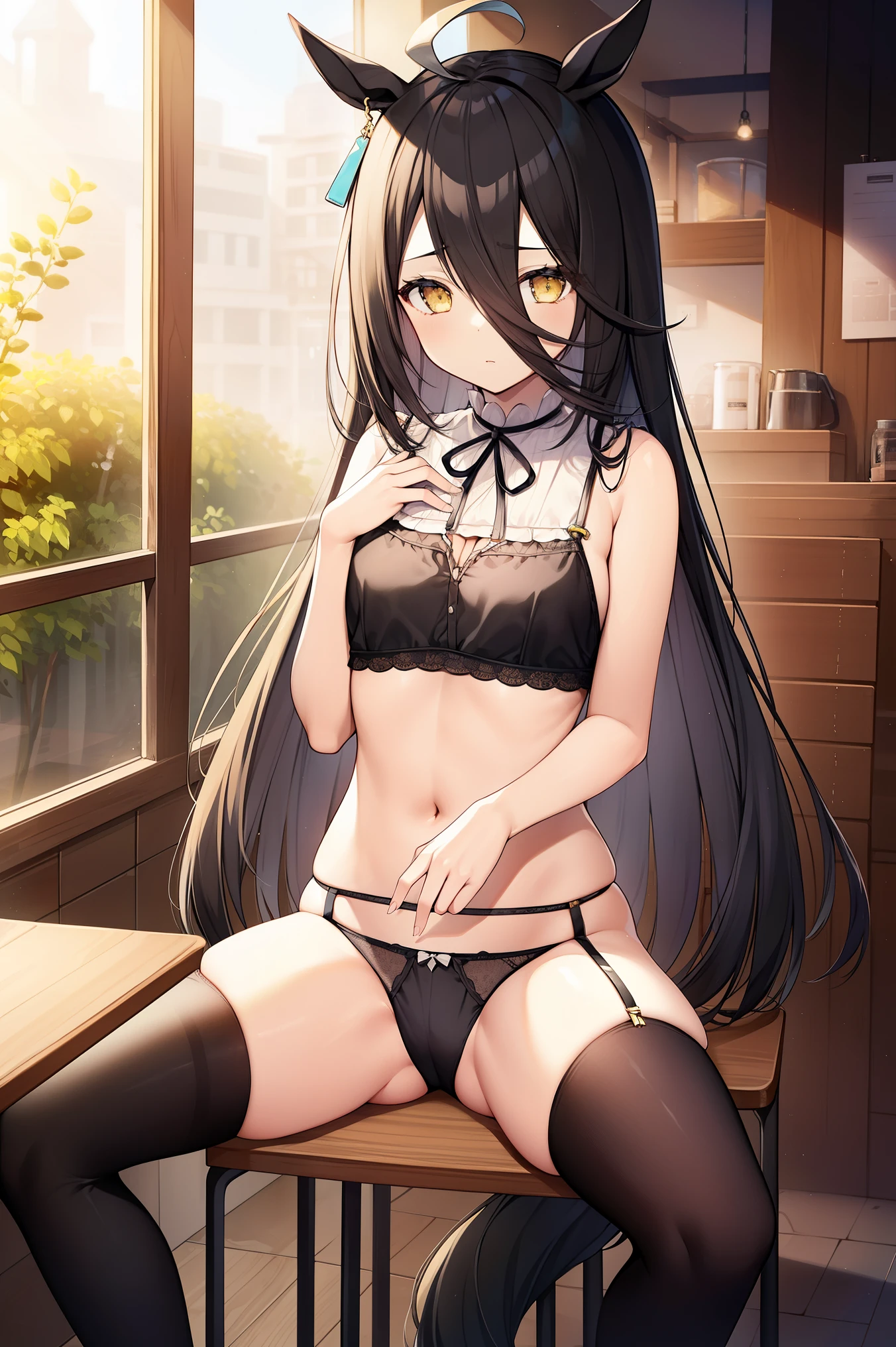 ((​masterpiece)), ((Top image quality)), Full body wide angle,(solo)、1girl、big mature body, manhattan-cafe\(Umamusume\)、Light White Ahoge, (Long Black Hair)、thin and long black bangs passing between the eyes,horse tail,,,、Yellow eyes without highlights、((((agalactia))))、(((big chest)))、((bra and thongh undies))、((lingerie))、spread legs sitting、tea shop、coffee、date