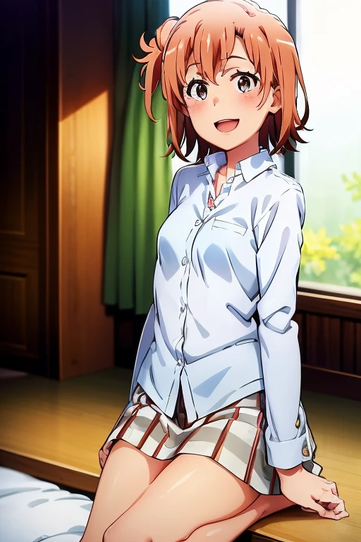 ((highest quality)), ((masterpiece)), (be familiar with), Perfect Face, indoor, Bedroom, Watching the audience,
One woman, Yuigahama Yui,
Open Mouth, Ecstatic expression, blush, smile,
Small breasts, Flat Chest, Young Girl, , , Girl,
Short Hair, Salmon-colored hair, Salmon-colored eyes, Side Pony,
Leg spread,