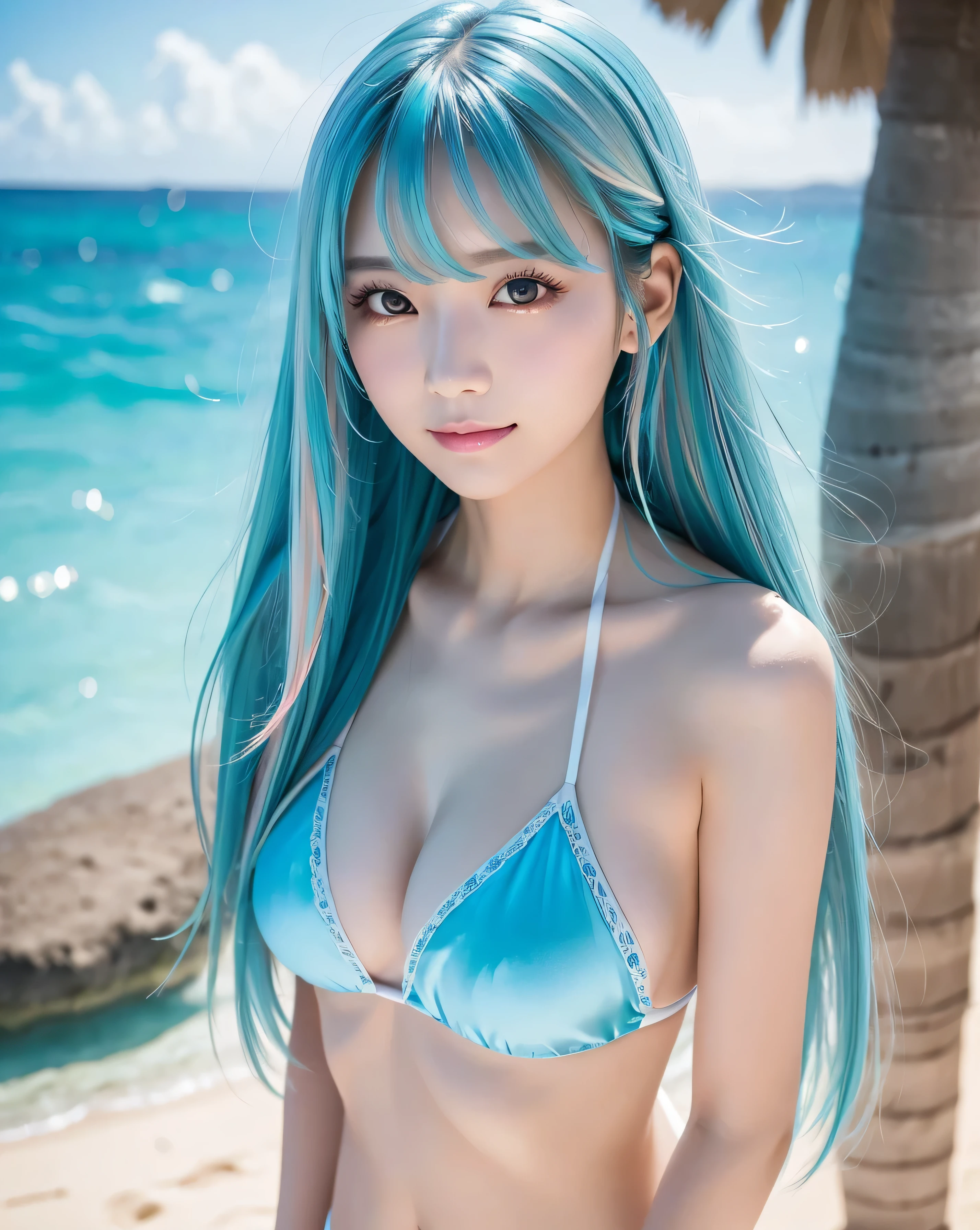 (highest quality, 32k, High resolution, Masterpiece:1.5, ), marimo_jet, god々A photograph with brilliant dazzling and healing power., Evoking a sense of calm and elusive beauty, Expressing emotions, Have a rich imagination, Beautiful Japanese Girls, Beautiful Japanese Girls, An exceptionally beautiful face, Small Face Beauty, Perfect Human Anatomy, Magical big eyes, Motherhood and generosity, Deep Love, fleeting smile, ((Shiny light blue hair:1.1)), ((Super Long Straight Silk Hair)), Asymmetrical bangs, Hair between the eyes, Transparent, soft white skin, Sharp eyebrows, Thin lashes, Natural Makeup, Cheek highlighter, Pale pink detailed lips, , ((Pastel painted colorful bikini:1.2)), High resolution perfect collarbone, High resolution beautiful bust, Slim figure with ample breasts, High resolutionの美しい太もも, ((Blue sea and white sand beach:1.2)), Detailed summer sky, The dazzling midsummer sunlight, Professional Lighting, Professional photographer, Professional models, God's Secret