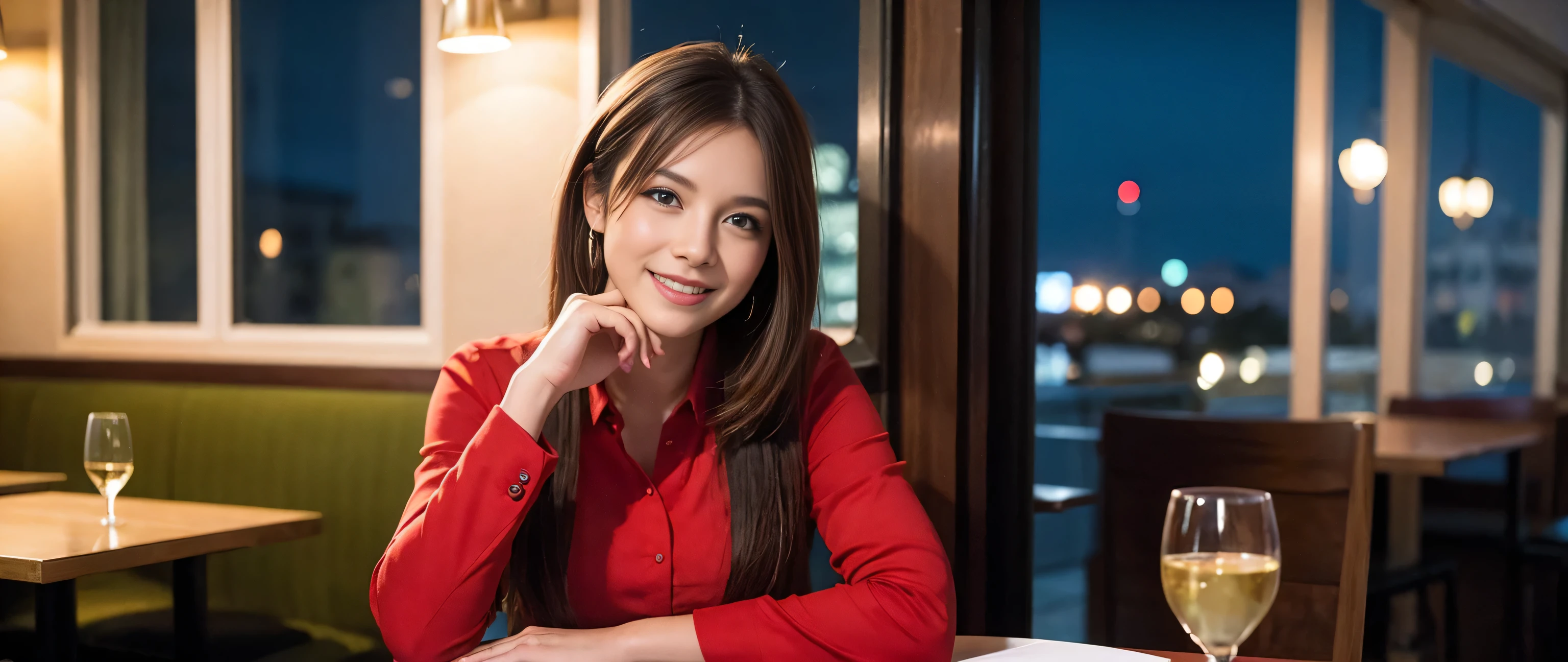 ((highest quality、8k、masterpiece:1.3))、1 male、1 female、Couple、Lovers Couple、Slim body、((Bob Hale、Straight hair:1.2))、(Realistic, Intricate details:1.2), Wine glass on the table、Put the light on your face、 Amazing view of the sunset sky and clouds、Amazing mountain views、A bright smile、A lovely woman with a smile、Bright image、Beautiful Face, blue eyes, The light shines on your face, Blushing, short hair,Bright Face、Fox face、 (40 years old), 39 years old, Lady、red wine 、Appetizers、Italian food、Wine bottle、Champagne、sparkling wine、Two beauties、Brown Hair、Shortcuts、Long sleeve shirt、dress、Pretty Woman 1, (Slim face), (The body is slim), (Brown Hair), (Shortcuts), cheeks turn a little red,Attractive beauty、, Out of the window, A beautiful and detailed night view unfolds.........., restaurant, In a prominent place (From the waist up) Nova Frog Style, actress, model, Upper Body, White wine, slim, wine glass, Wine glass placed in the center, smile, (smile: 1.15), Beautiful fine grain, Depth f/2,saturation, High Contrast, Strong light and shadow,Moist Body:1.5、3D texture、Delicate eyes、Brown Hair、The hair is very shiny、