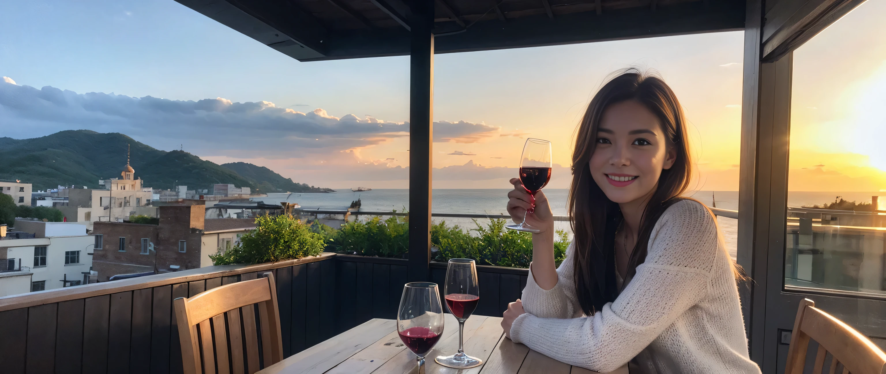 ((highest quality、8k、masterpiece:1.3))、1 male、1 female、Couple、Lovers Couple、Slim body、((Bob Hale、Straight hair:1.2))、(Realistic, Intricate details:1.2), Wine glass on the table、Put the light on your face、 Amazing view of the sunset sky and clouds、Amazing mountain views、A bright smile、A lovely woman with a smile、Bright image、Beautiful Face, blue eyes, The light shines on your face, Blushing, short hair,Bright Face、Fox face、 (40 years old), 39 years old, Lady、red wine 、Appetizers、Italian food、Wine bottle、Champagne、sparkling wine、Two beauties、Brown Hair、Shortcuts、Long sleeve shirt、dress、Pretty Woman 1, (Slim face), (The body is slim), (Brown Hair), (Shortcuts), cheeks turn a little red,Attractive beauty、, Out of the window, A beautiful and detailed night view unfolds.........., restaurant, In a prominent place (From the waist up) Nova Frog Style, actress, model, Upper Body, White wine, slim, wine glass, Wine glass placed in the center, smile, (smile: 1.15), Beautiful fine grain, Depth f/2,saturation, High Contrast, Strong light and shadow,Moist Body:1.5、3D texture、Delicate eyes、Brown Hair、The hair is very shiny、