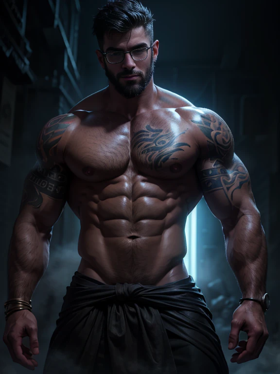 A buff, ripped godly entity with bare chest, black short hair, beard, purple eyes, glasses, cloth wrapped around wrist, tattoos on chest, lip piercings, masterpiece, highly detailed, cinematic lighting, volumetric fog, dramatic pose, chiaroscuro lighting, moody atmosphere, vibrant colors, digital painting, concept art style