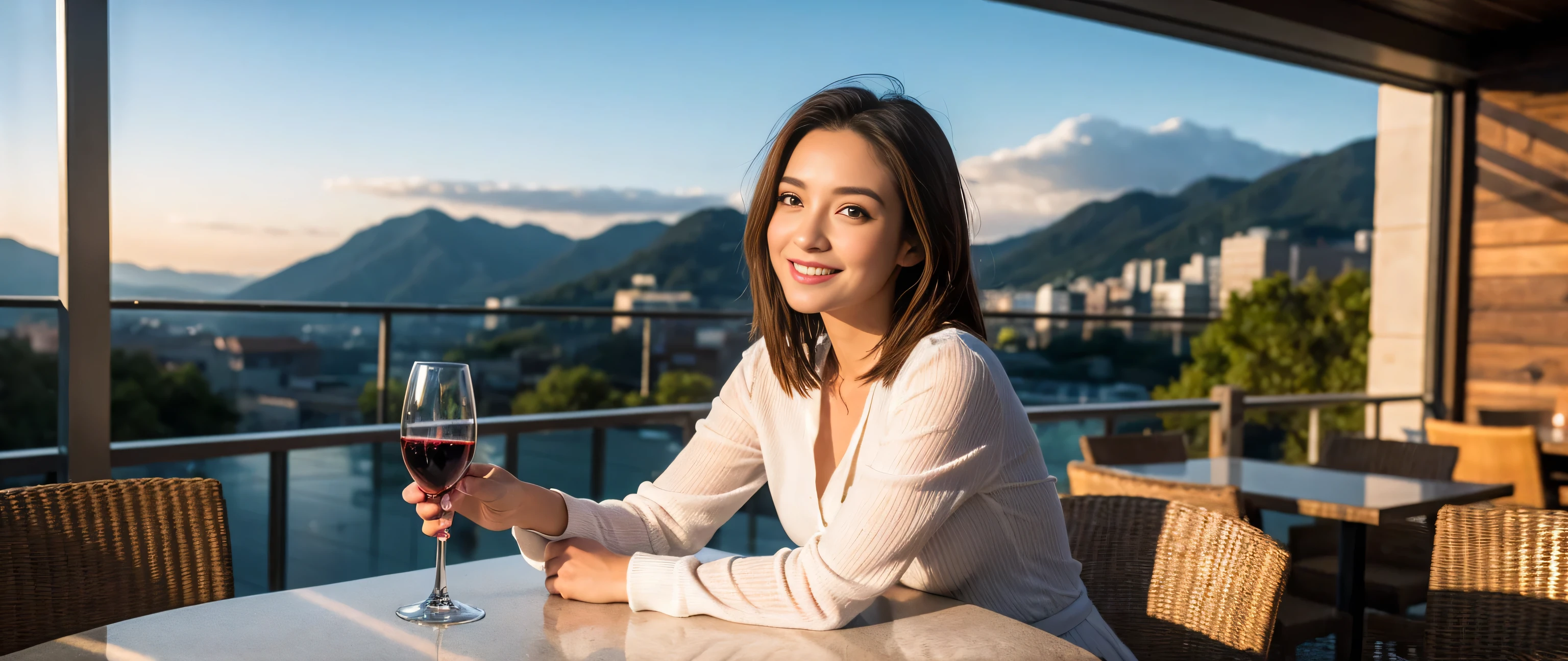 ((highest quality、8k、masterpiece:1.3))、1 male、1 female、Couple、spouse、Couple、Slim body、((Bob Hale、Straight hair:1.2)), (Realistic, Intricate details:1.2), Wine glass on the table、Shine light on your face、 Amazing view of the sunset sky and clouds、Amazing mountain views、A bright smile、The wonderfulness of smile、Bright image、The beauty of wine, Beautiful Face, blue eyes, The light shines on your face, Blushing, short hair,Bright Face、 (Age 37), 39 years old, red wine 、Appetizers、Italian food、Wine bottle、Champagne、sparkling wine、Two beauties、Brown Hair、Shortcuts、Long sleeve shirt、dress、Pretty Woman 1, (Slim face), (The body is slim), (Brown Hair), (Shortcuts), cheeks turn a little red,Attractive beauty、restaurant, In a prominent place (From the waist up) Nova Frog Style, actress, model, Upper Body, White wine, slim, wine glass, Wine glass placed in the center, smile, (smile: 1.15), Beautiful fine grain, Depth f/2,saturation, High Contrast, Strong light and shadow,Moist Body:1.5、3D texture、Delicate eyes、Brown Hair、The hair is very shiny、