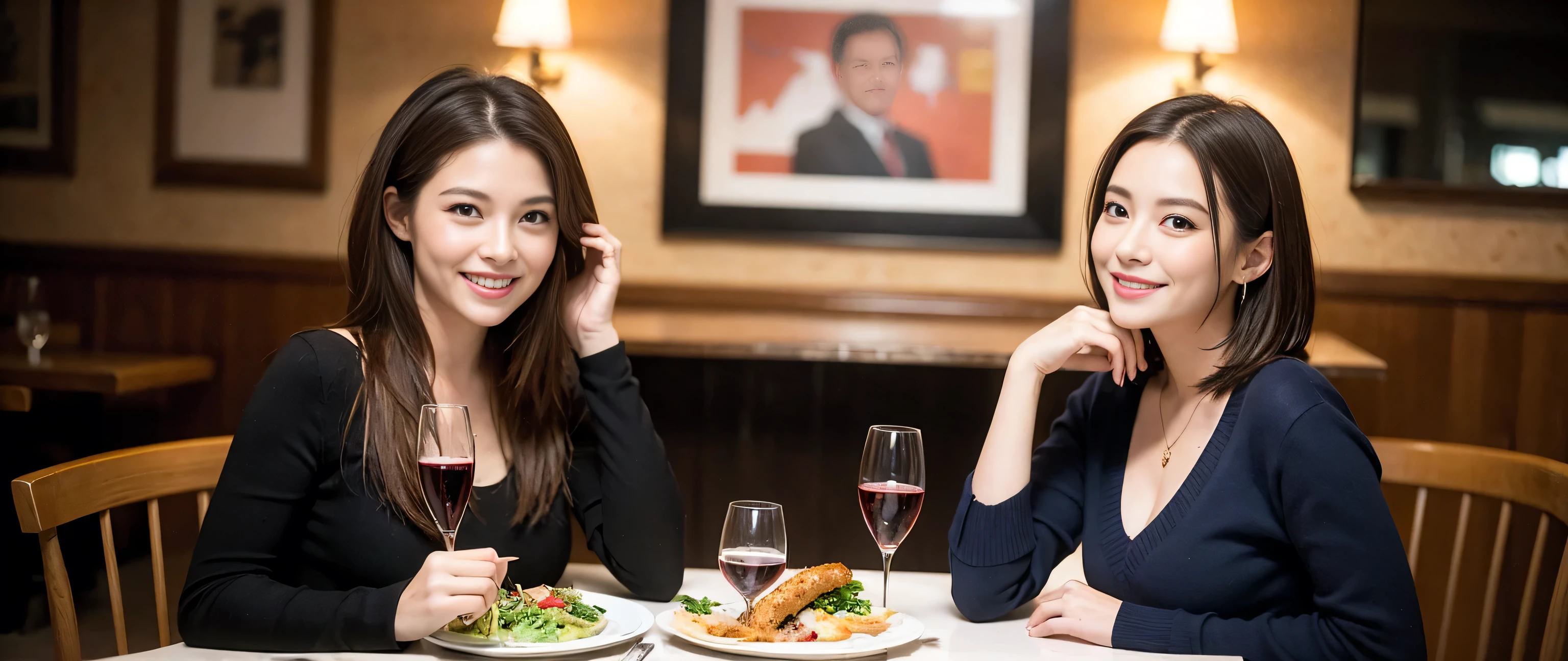 ((highest quality、8k、masterpiece:1.3))、1 male、1 female、Couple、spouse、Couple、Slim body、((Bob Hale、Straight hair:1.2)), (Realistic, Intricate details:1.2), Wine glass on the table、Shine light on your face、 Amazing view of the sunset sky and clouds、Amazing mountain views、A bright smile、The wonderfulness of smile、Bright image、The beauty of wine, Beautiful Face, blue eyes, The light shines on your face, Blushing, short hair,Bright Face、 (Age 37), 39 years old, red wine 、Appetizers、Italian food、Wine bottle、Champagne、sparkling wine、Two beauties、Brown Hair、Shortcuts、Long sleeve shirt、dress、Pretty Woman 1, (Slim face), (The body is slim), (Brown Hair), (Shortcuts), cheeks turn a little red,Attractive beauty、restaurant, In a prominent place (From the waist up) Nova Frog Style, actress, model, Upper Body, White wine, slim, wine glass, Wine glass placed in the center, smile, (smile: 1.15), Beautiful fine grain, Depth f/2,saturation, High Contrast, Strong light and shadow,Moist Body:1.5、3D texture、Delicate eyes、Brown Hair、The hair is very shiny、