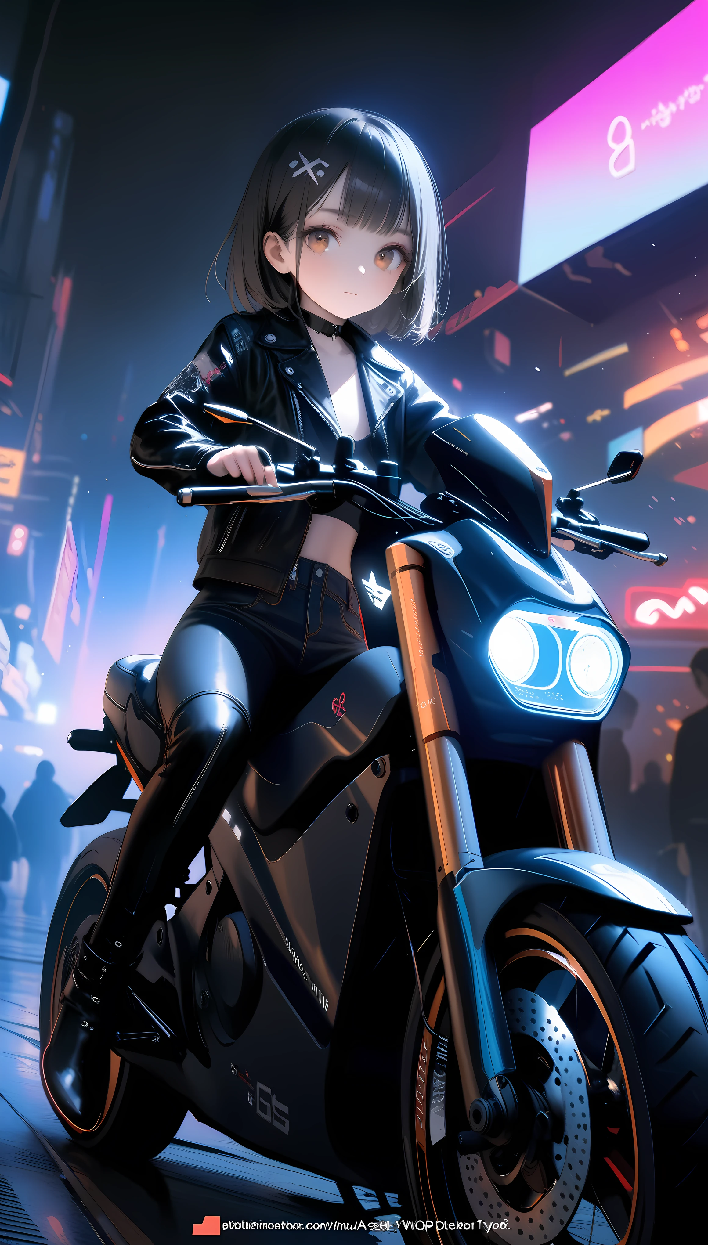 [artist:ningen_mame],[artist:sho_(sho_lwlw)],[artist:mignon],[artist:kedama milk],[artist:ask_(askzy)],artist:wanke,artist:wlop,artist:fujiyama,year 2024,8k,cyberpunk style,1girl,(Miyu Edelfelt),black hair,brown eyes,small chest,Tight leather jacket and leather pants cover the whole body,High-heeled leather boots,riding Electric motorcycle,Beautiful,Glowing special effects,celluloid style,Flat coating,HD,CG art,comics,8K,looking into camera,high quality,illustration,Vaporwave style,rim light,movie lighting,Super detailed,complex,OC renderer,cinematic perspective,high resolution
