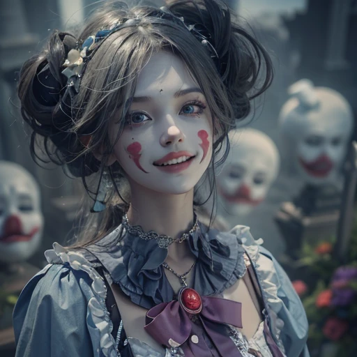 Standing in the grave、Hair flow、 ((highest quality、masterpiece、8k、Best image quality、Ultra-high resolution、Award-winning works)、(Accurate anatomy:1.1)、(Look at me and smile:1.1)、Shining fair skin with Ultra-high resolution、The most detailed face、Ultra-high resolution detailed face、Ultra-high resolutionの髪の毛、(Ultra-high resolution eye:1.1)、Beautiful face drawn in every detail、Cheerful clown costume, Chest to chest,  Strange atmosphere, Ghosts flow, Dark Light, At the cemetery, Heavy makeup 