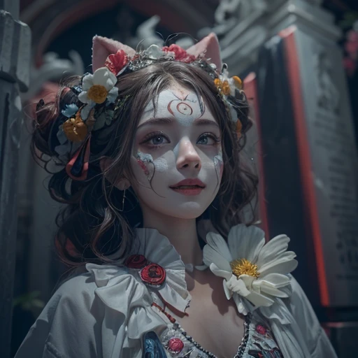 Standing in the grave、Hair flow、 ((highest quality、masterpiece、8k、Best image quality、Ultra-high resolution、Award-winning works)、(Accurate anatomy:1.1)、(Look at me and smile:1.1)、Shining fair skin with Ultra-high resolution、The most detailed face、Ultra-high resolution detailed face、Ultra-high resolutionの髪の毛、(Ultra-high resolution eye:1.1)、Beautiful face drawn in every detail、Cheerful clown costume, Chest to chest, Strange atmosphere, Ghosts flow, Dark Light, At the cemetery, Heavy makeup