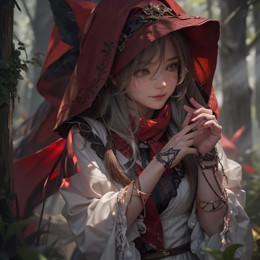 Standing in the forest、Hair flow、 ((highest quality、masterpiece、8k、Best image quality、Ultra-high resolution、Award-winning works)、(Accurate anatomy:1.1)、(Look at me and smile:1.1)、Shining fair skin with Ultra-high resolution、The most detailed face、Ultra-high resolution detailed face、Ultra-high resolutionの髪の毛、(Ultra-high resolution eye:1.1)、Beautiful face drawn in every detail、little red riding hood Costume , Chest to chest, Strange atmosphere, A real werewolf stares at her.., Dark Light, in the forest , Heavy makeup