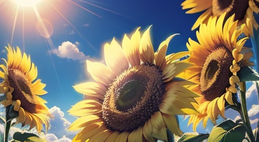 sunflower、sunflowerの花、Blue sky background、8K、highest quality、Realistic、Looking up from below、Very delicate flower、