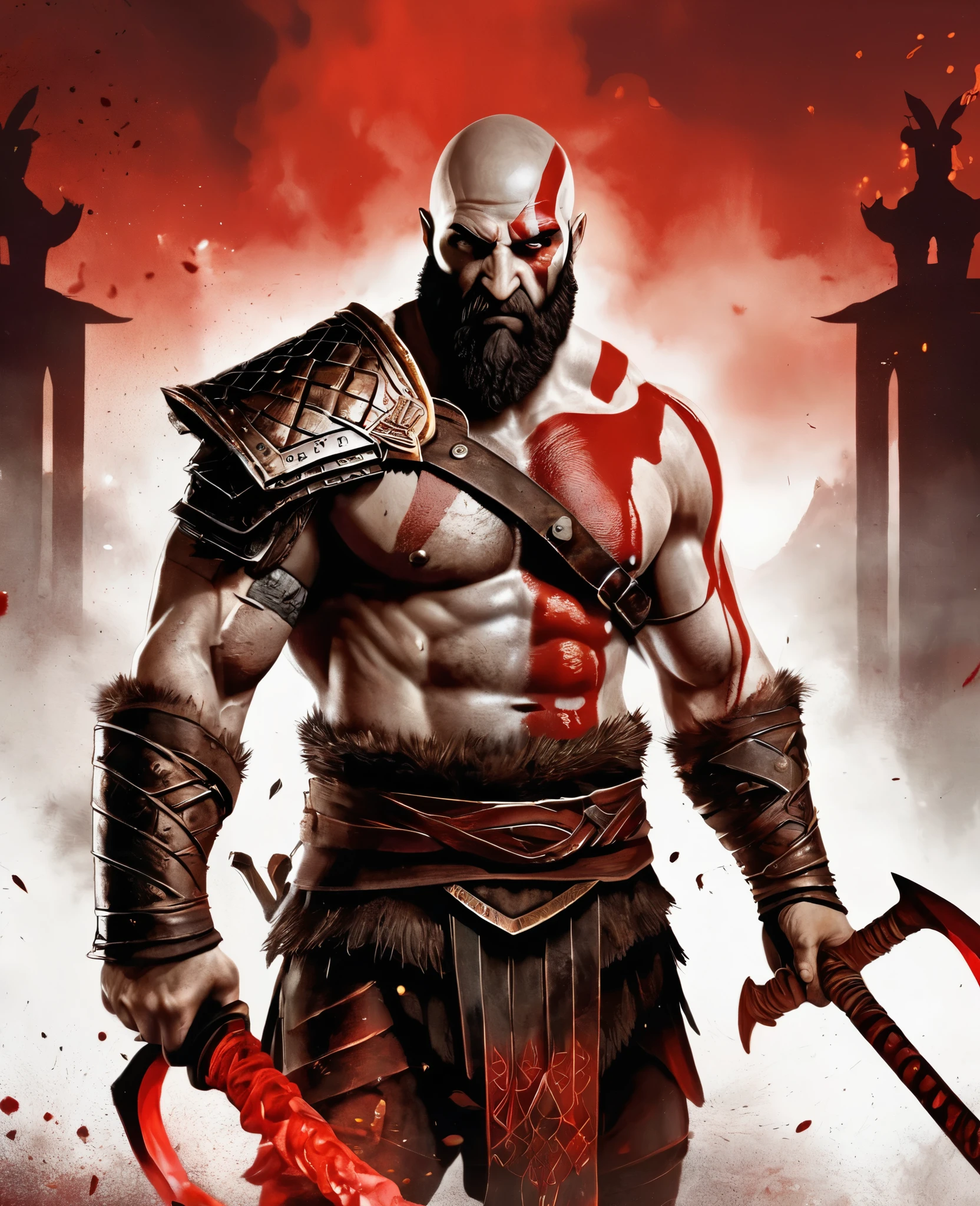 Kratos-God of War,illustration,poderoso guerreiro,deus da guerra,strong muscular physique,pele escura,with an angry expression,Careca,tatuagem vermelha brilhante no rosto,chain blades,symbol of chaos,menacing red aura,postura de batalha enfurecida,olhos ferozes,rasgos de armadura de batalha,tanga de couro rasgada,remains of defeated enemies at your feet,Blood stained floor,paisagem urbana arruinada ao fundo, com a camisa regata vermelha da Torcida jovem fanautico. (melhor qualidade,4k,8K,high resolution,Obra de arte:1.2),ultra-detalhado,realista,Profissional,cores vivas,Dark, moody lighting.