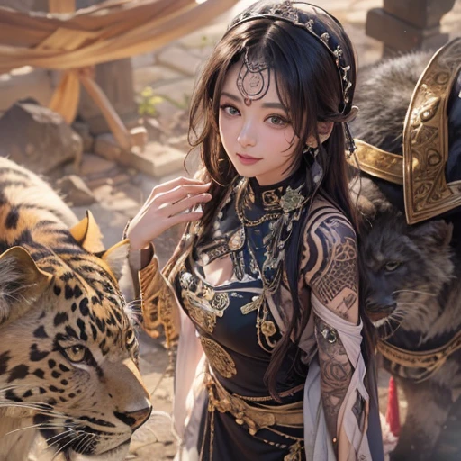 Hiding in the desert、Hair flow、 ((highest quality、masterpiece、8k、Best image quality、Ultra-high resolution、Award-winning works)、(Accurate anatomy:1.1)、(Look at me and smile:1.1)、Shining fair skin with Ultra-high resolution、The most detailed face、Ultra-high resolution detailed face、Ultra-high resolution hair、(Ultra-high resolutionのeyes :1.1)、Beautiful face drawn in every detail、(Blurred Background:1.1)、Ancient Islamic clothing, Chest to chest, tattoo, Old ruins in the background、Black leopard