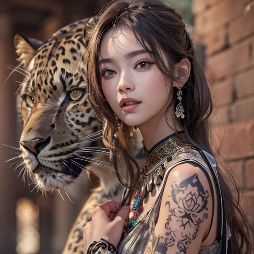 Hiding in the desert、Hair flow、 ((highest quality、masterpiece、8k、Best image quality、Ultra-high resolution、Award-winning works)、(Accurate anatomy:1.1)、(Look at me and smile:1.1)、Shining fair skin with Ultra-high resolution、The most detailed face、Ultra-high resolution detailed face、Ultra-high resolution hair、(Ultra-high resolutionのeyes :1.1)、Beautiful face drawn in every detail、(Blurred Background:1.1)、Ancient Islamic clothing, Chest to chest, tattoo, Old ruins in the background、Black leopard