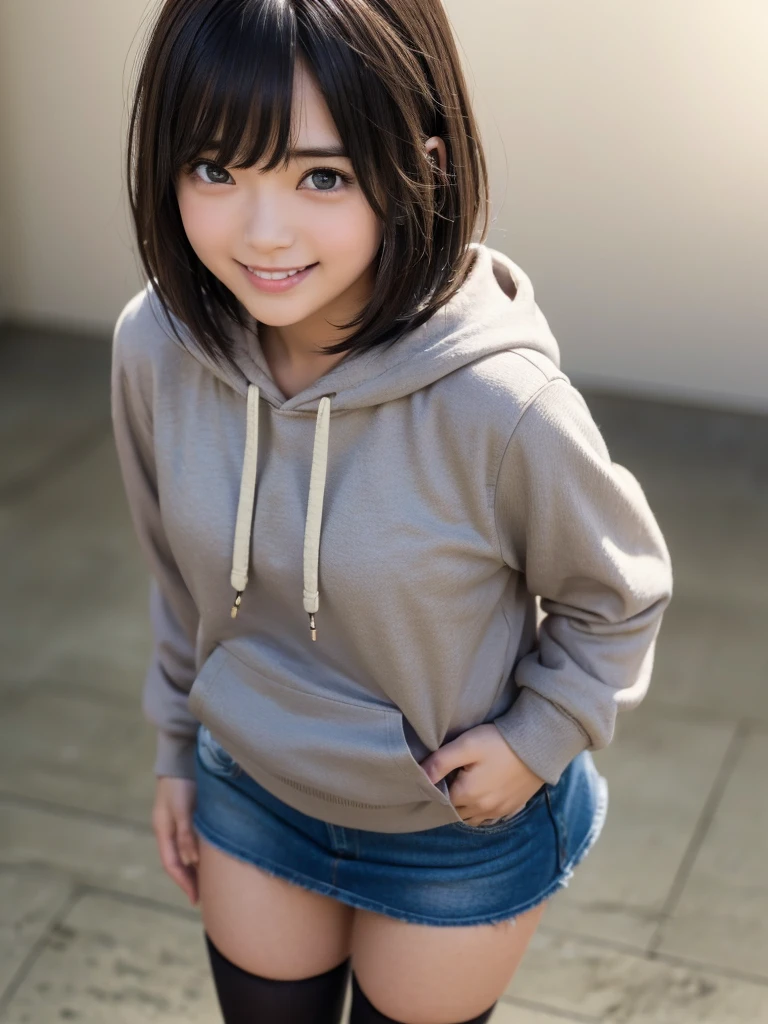 (((((girl１people))))), (20-year-old), グラビアアイドルとして活躍する最高に可愛いgirl、(Brown Hair)、(Short Bob Hair), (Light grey hoodie)、(Denim micro mini skirt), (Black knee-high socks), (smile), Smiling professionally at the camera