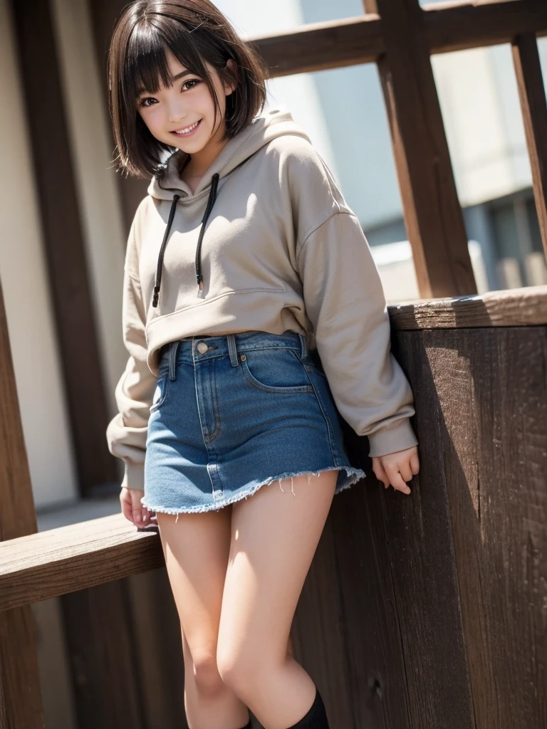 (((((girl１people))))), (20-year-old), グラビアアイドルとして活躍する最高に可愛いgirl、(Brown Hair)、(Short Bob Hair), (Light grey hoodie)、(Denim micro mini skirt), (Black knee-high socks), (smile), Smiling professionally at the camera