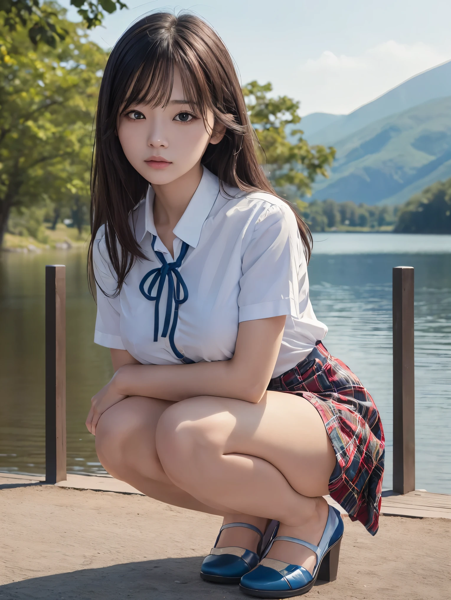8k, Raw photo, highest quality, masterpiece:1.2), masterpiece, highest quality, figure, Very detailed, Fine details, High resolution, 8k,wallpaper, Perfect dynamic composition,(Detailed high quality, Realistic depiction of eyes:1.3)、A woman who has been and has her hands tied、Arms wrapped around his back, hands tie behind back, Crouching by the beautiful lake、 With legs wide open、Tartan plaid pleated skirt、whole body、White panties、The whole thing faces forward、21talent、Beauty、Well-formed face、Make your eyes even、Beautiful black hair、Has bangedium build、Well-balanced proportions、Beautiful legs、Blue Short Sleeve Blouse、Fresh face、Beautiful scenery