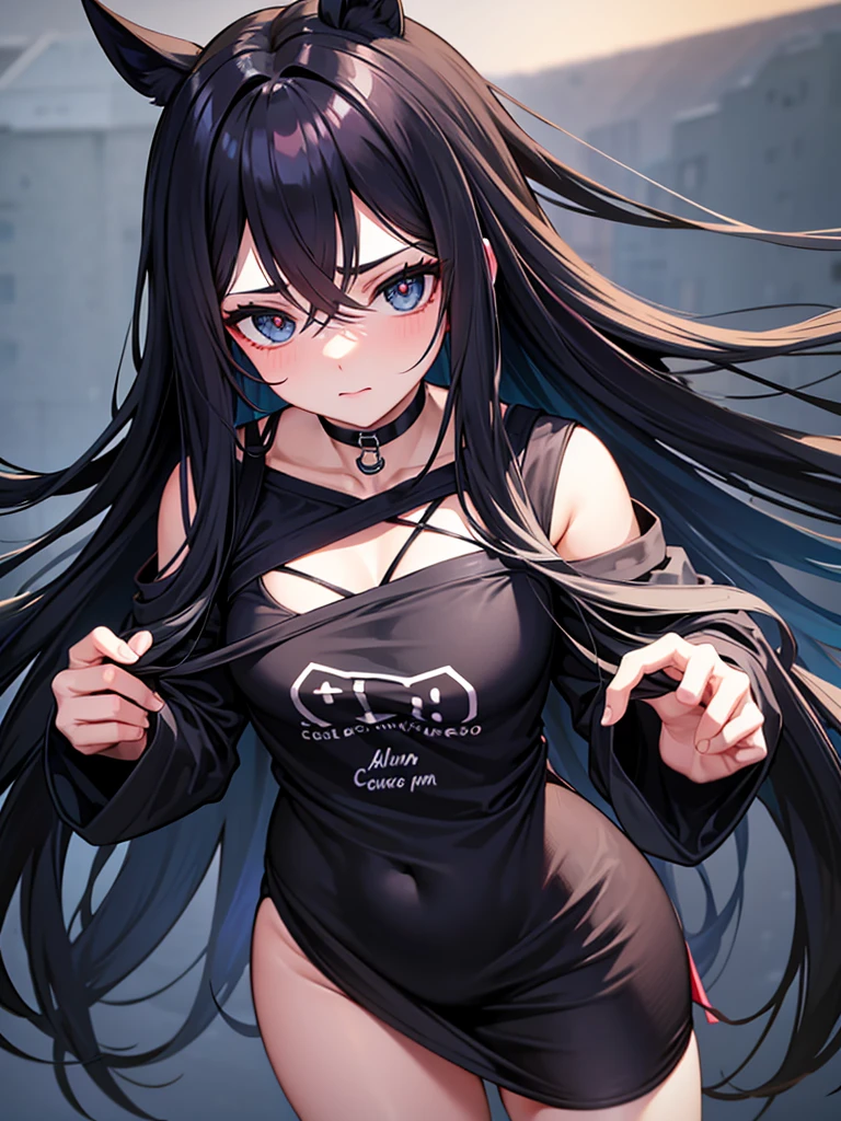 Uma de cabelo preto olhos azuis com peitos tamanho G com uma blusa preta e so de calcinha