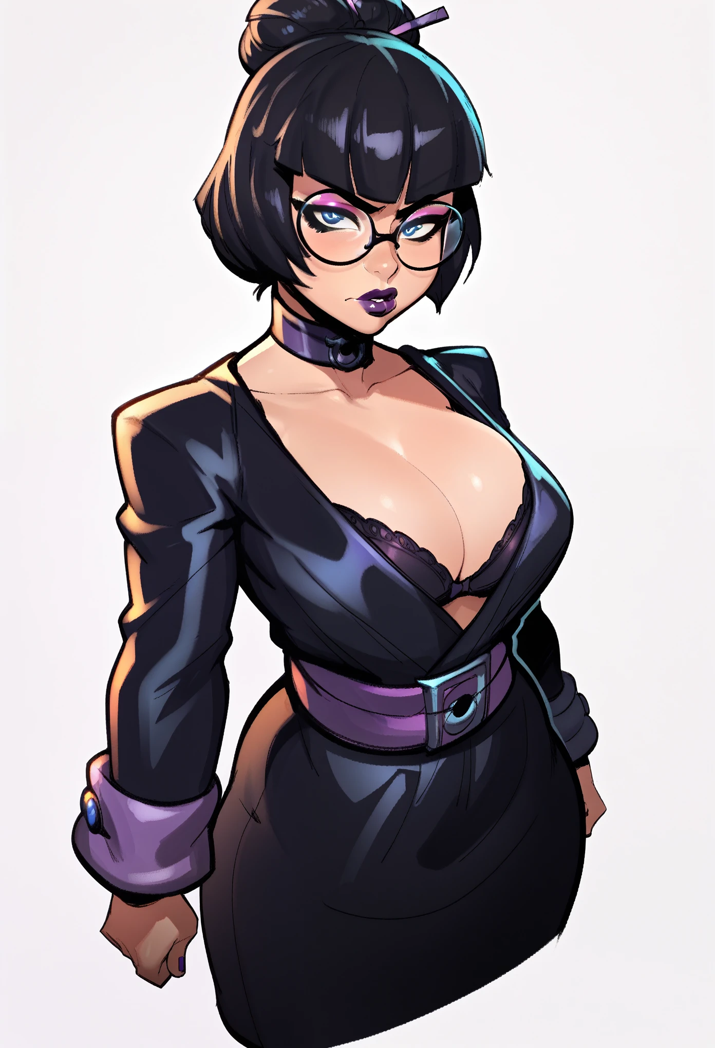 score_9, score_8_up, score_7_up, score_6_up, score_5_up, score_4_up, BREAK 1girl, black hair, bun hair, straight hair, short hair, blue eyes, thick lips, scowl, long eyelashes, half-closed eyes, black-framed eyewear, round eyewear, black bra, blunt bangs, adult, black eyeliner, purple lips, pink eyeshadow, looking at viewer, BREAK solo, standing, cleavage, large breast, adult, skinny, arched back, thigh gap, sexy outfit, BREAK (white background:1.2), simple background, dynamic pose, dynamic angle, angled shot,
