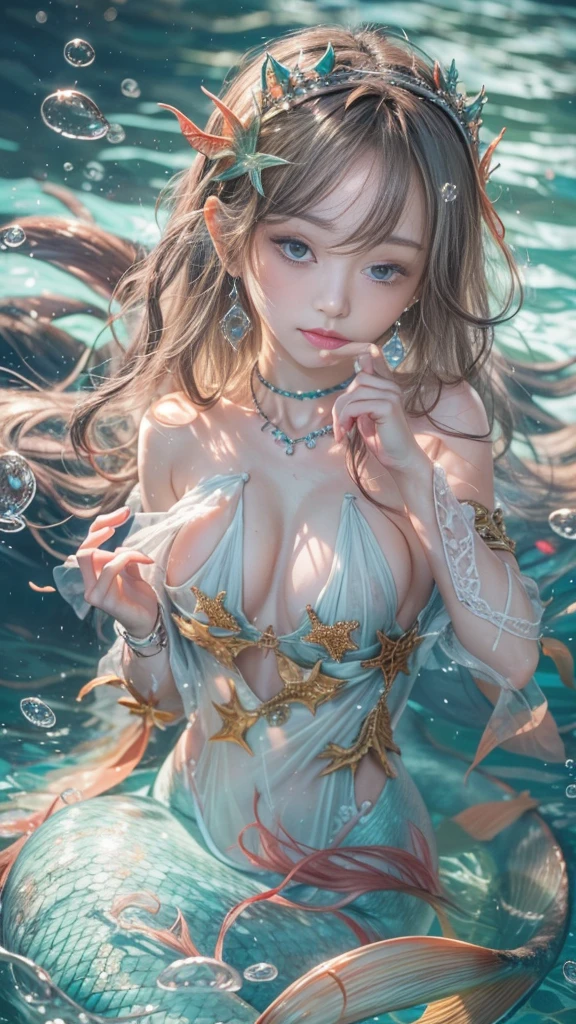 (RAW shooting, 32k:1.5, highest quality, masterpiece, Ultra-high resolution), (Under the sea at night:1.0, moonlight:0.7, Mysterious underwater world:1.2, Expressions of sadness:1.0), Fractal Art:1.2, Perfect dynamic composition:1.2, 非常にdetailedな肌と顔の質感:1.2, (View the subject from a distance:1.2, Dynamic flow of water waves:1.0, Slim mermaid figure, Mermaid tail), Fair skin, Incredibly slim body, Very beautiful face, Water droplets on the skin, detailed, Rain drips down on my body, Wet body, Wet Hair, Swimming Pro:1.0, Shapely breasts, Big eyes that exude beauty, Beautiful big lips, Very sweet atmosphere, necklace, Earrings, bracelet, Coral Reef