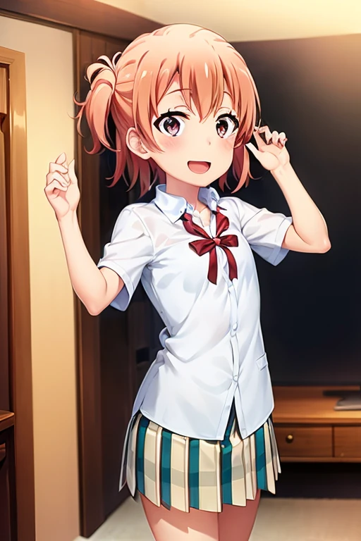 ((highest quality)), ((masterpiece)), (be familiar with), Perfect Face, indoor, Bedroom, Watching the audience,
One woman, Yuigahama Yui,
Open Mouth, Ecstatic expression, blush, smile,
Small breasts, Flat Chest, Young Girl, , , Girl,
Short Hair, Salmon-colored hair, Salmon-colored eyes, Side Pony,
Leg spread,