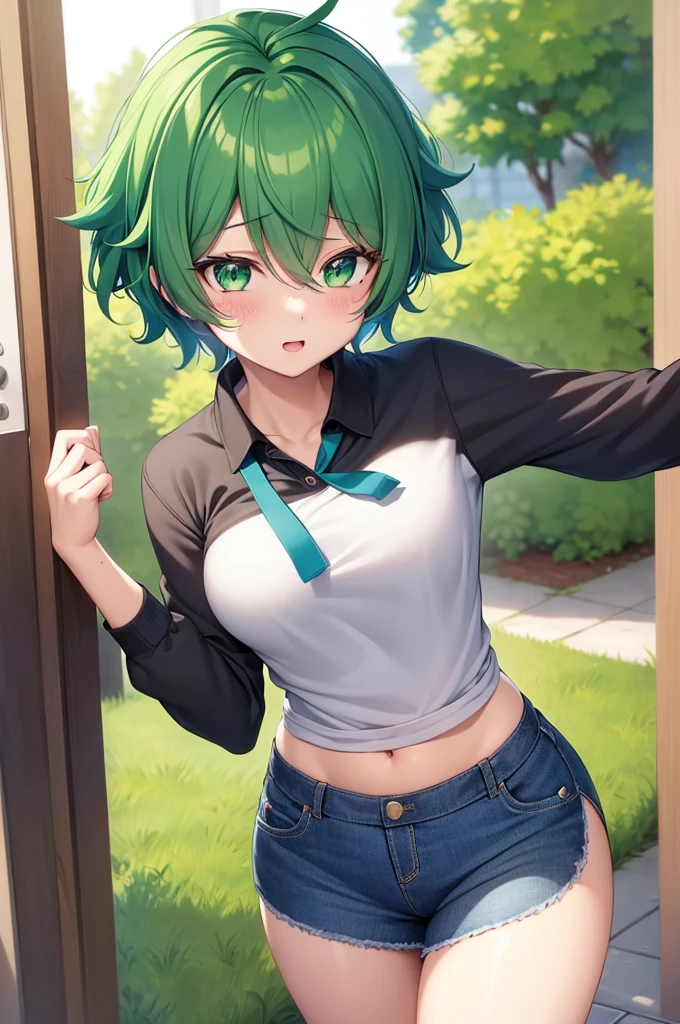 1 girl, izuku midoria as a girl, deku genderswap, female izuku midoria, izuku midoria genderbend (anime my hero academia) genderswap, female/girl/woman, feminine features, feminine body, cute, short green hair, green hair, short hair, green eyes, beautiful eyes, feminine blue eyes, girly outfit, modern clothes, nice clothes, fashionable outfit, ultrasharp, 4k picture, highly detailed, beautiful, (anime)
