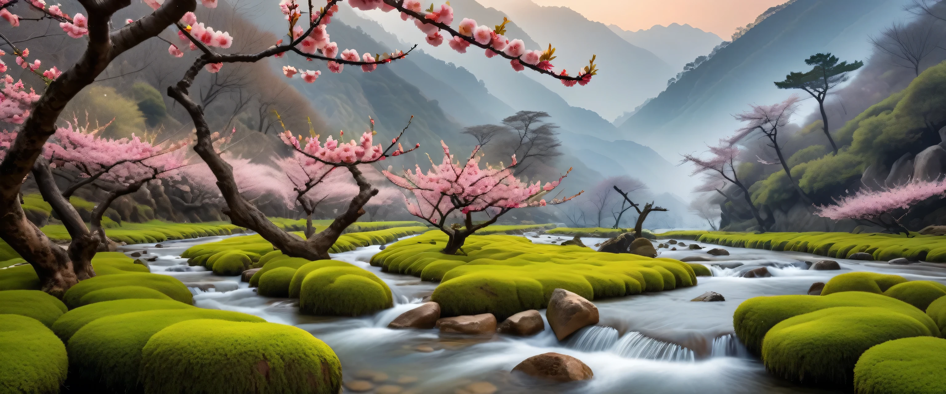 Black and White Photography,Stereoscopic photography,Large depth of field,High Definition,Scenery photography,National Geographic award-winning works,8k,George Digarakis,peach,(Exquisite big peach blossom),(Peach blossom close-up)(溪Running Water),(Running Water)(Odd-shaped tree trunks and branches),Strange Stone Forest,(fog),(Big fog),Layer upon layer of mountains,Cool and warm colors,(RAW photos,best quality),(Reality,Photo reality:1.3),masterpiece,Extremely beautiful,high resolution,The original,Perfect lighting,(RAW photos,Best quality),(reality,Photo reality:1.3),masterpiece,Extremely exquisite and beautiful,high resolution,Original,Perfect lighting,(Extremely detailed CG:1.2),Unite,2k wallpaper,Amazing,Fine details