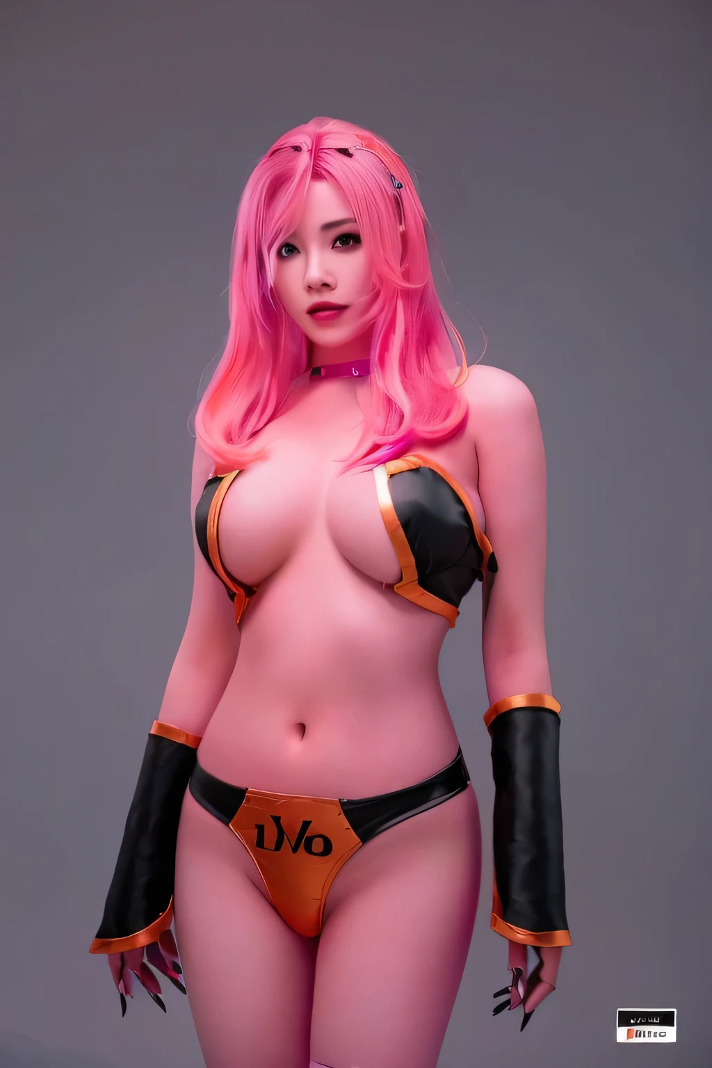 Close-up of a woman with pink hair and a black-orange outfit., vi จาก League of Legends, vi from secret, cosplay, ซามิราจาก League of Legends, It's an Overwatch character., anime girl cosplay, Matte pink armor, Katarina from League of Legends, anime cosplay, anime characters; Whole body art, เซนน่าจาก League of Legends, pink iconic character