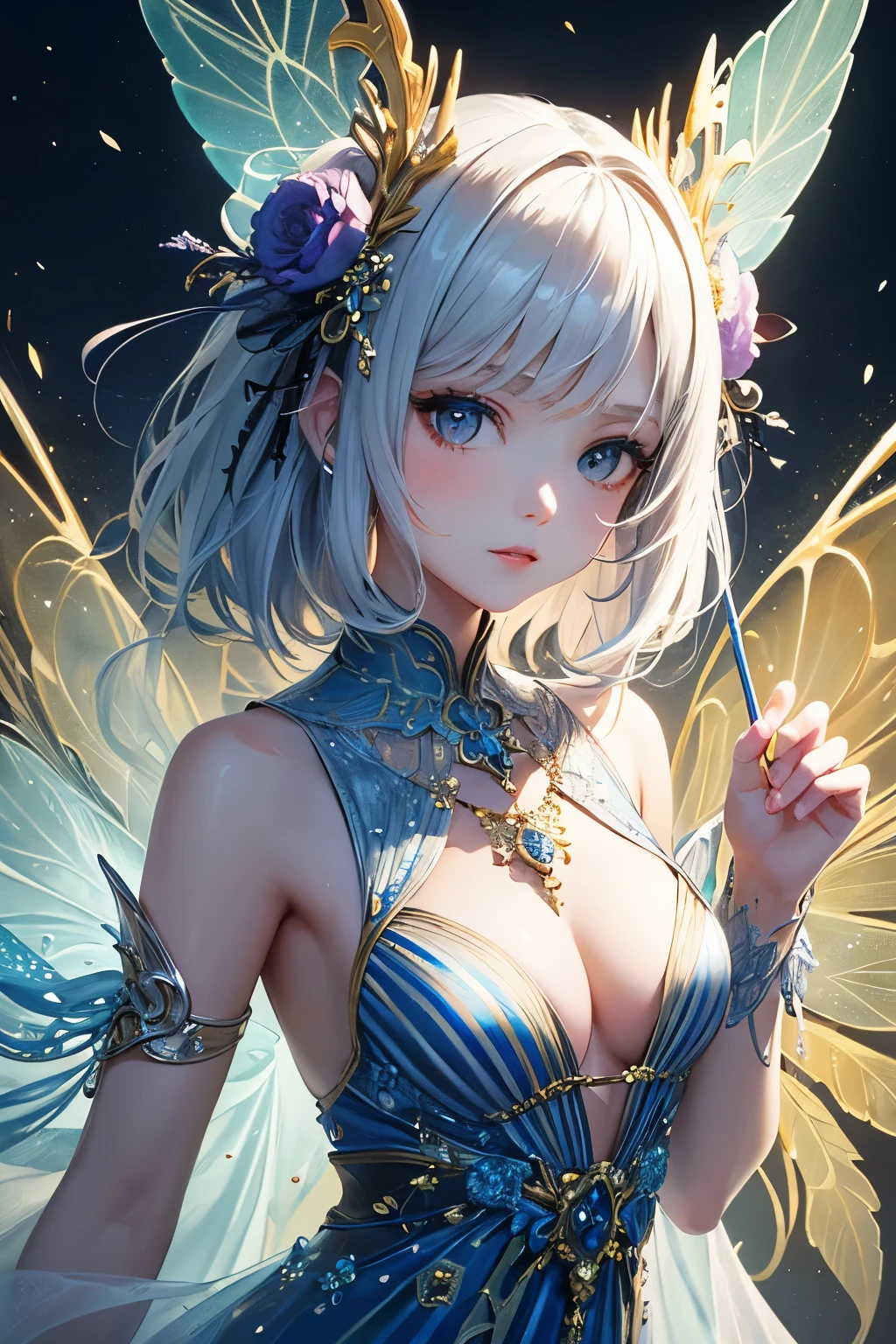 (masterpiece, highest quality, highest quality, Official Art, beautifully、aesthetic:1.2), (One girl),Light Painting, (exposed for a long time:1.2),Dynamic stripes, Very detailed,(Fractal Art:1.3),colorful,Most detailed,Chiffon dress,jewelry,flower,Fairy,Upper Body