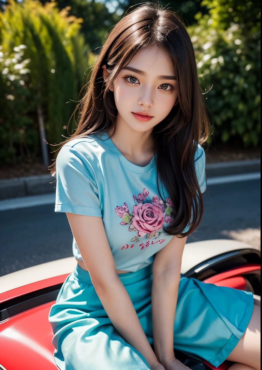 a beautiful korean girl,1girl,beautiful detailed eyes,beautiful detailed lips,extremely detailed eyes and face,long eyelashes,riding a pink 2000 MV Agusta F1 race bike,(silky glitter cyan colour t-shirt), tight above knee length skirt,standing,f1 race,photorealistic,best quality,4k,8k,highres,masterpiece:1.2,ultra-detailed,realistic,photorealistic:1.37,HDR,UHD,studio lighting,ultra-fine painting,sharp focus,physically-based rendering,extreme detail description,professional,vivid colors,concept art,stylish poses, stylish look, smile, (rose on hand), (standing), bright skin, Autumn, clear face, realistic skin, realistic face, Realistic smile, tempting eyes, Cute, cinematic composition, highly detailed, detailed beautiful face with striking eyes and lips, intricate details, professional photography, upper body shot