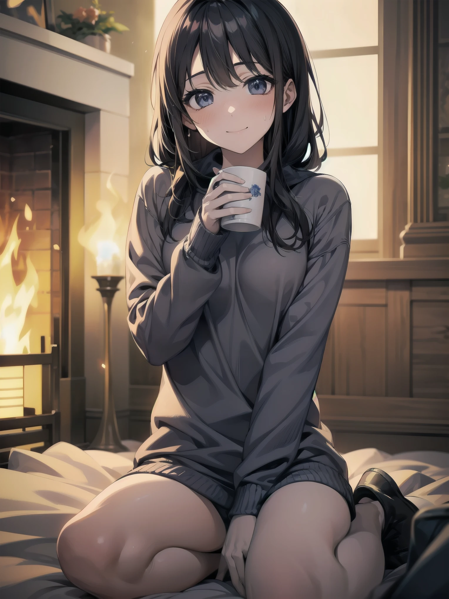 （Winter night and girl、sweater、Mug、Relax in front of the fireplace）
Cold Winter Night、sweaterを着た少女が暖炉の前でMugを両手で抱え、Enjoying a hot drink。The fire in the fireplace gently illuminated her face.、The room is wrapped in a comfortable warmth。Her smile tells the happiness of that moment.、It helps me forget the cold outside。Mugから立ち上る湯気が、Floating softly on her face。