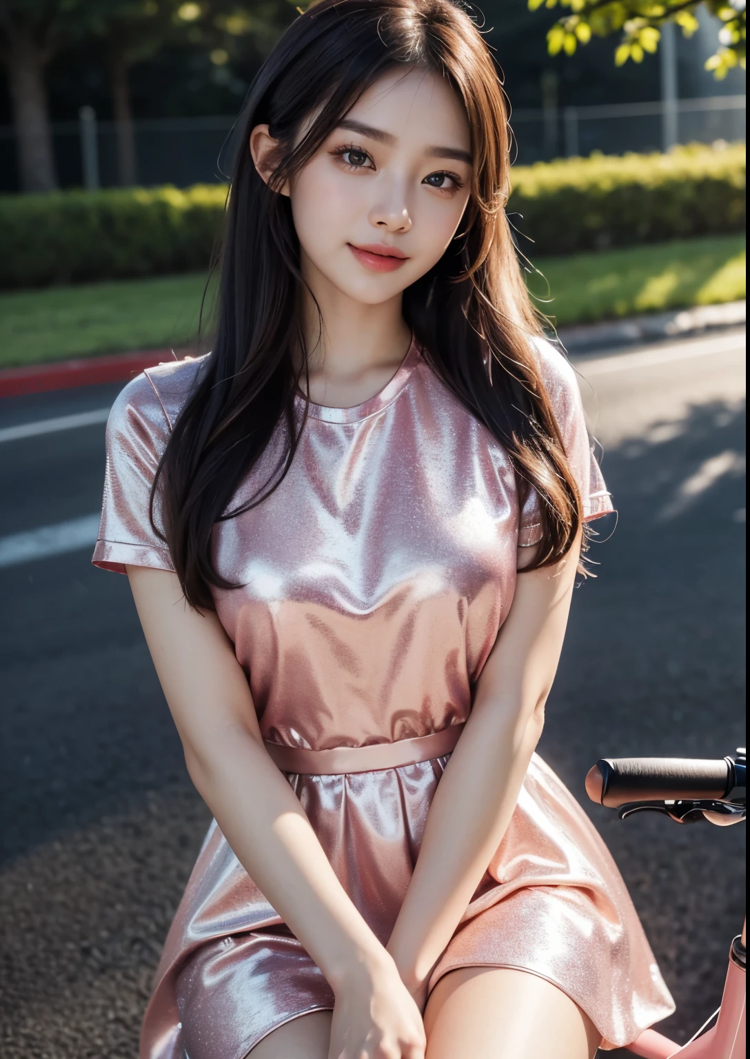 a beautiful Korean girl,1girl,beautiful detailed eyes, beautiful detailed lips, extremely detailed eyes and face, long eyelashes,riding a 2000 MV Agusta F1 race bike,(pink bike),(silky glitter peach colour t-shirt), tight above knee length skirt,(sitting on bike),f1 race, photorealistic, best quality,4k,8k,highres,masterpiece:1.2,ultra-detailed,realistic,photorealistic:1.37,HDR,UHD,studio lighting, ultra-fine painting, sharp focus, physically-based rendering, extreme detail description, professional, vivid colors, concept art, stylish poses, stylish look, smile, (rose on hand), (standing), bright skin, Autumn, clear face, realistic skin, realistic face, Realistic smile, tempting eyes, Cute, cinematic composition, highly detailed, detailed beautiful face with striking eyes and lips, intricate details, professional photography, (close up full body shot),(smile), beautiful road, dark Colour road