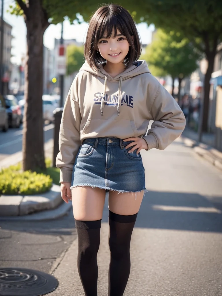 (((((girl１people))))), (20-year-old), グラビアアイドルとして活躍する最高に可愛いgirl、(Brown Hair)、(Short Bob Hair), (Light grey hoodie)、(Denim micro mini skirt), (Black knee-high socks), (smile), Smiling professionally at the camera