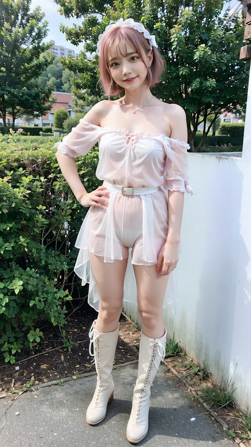 (8k、RAW Photos、highest quality、masterpiece:1.2)、(Realistic、Realistic)、1 girl、((White Bra、smile、garden、Off the shoulder、ribbon、belt、Pink Hair、See-through、boots、Standing with hands on hips))、Lots of eyelashes、Glowing eyelids、skeletally correct